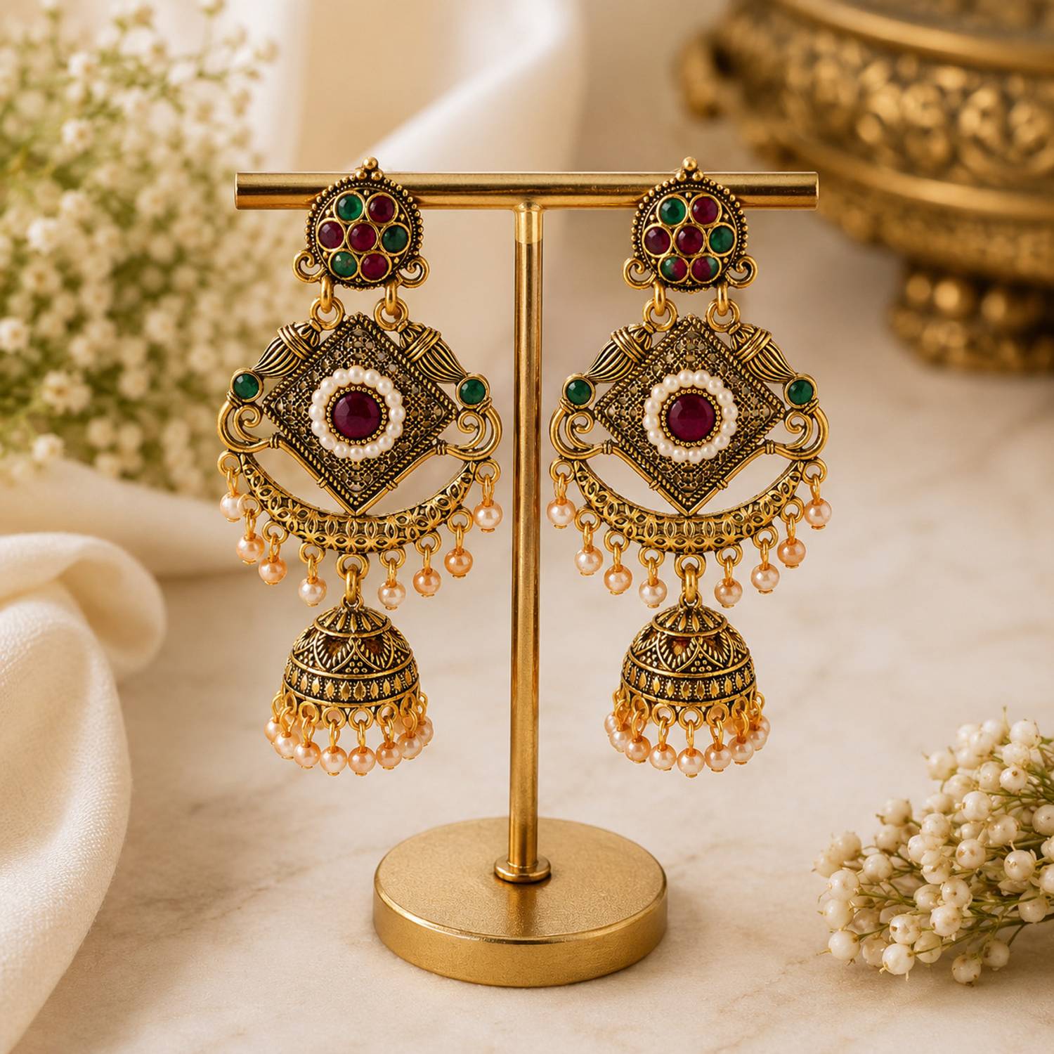 Amshine Antique Gold Plated Pearl Jhumka Earrings for Women | Multicolor Stone Chandbali Beads Alloy Jhumki Earring, Drops & Danglers
