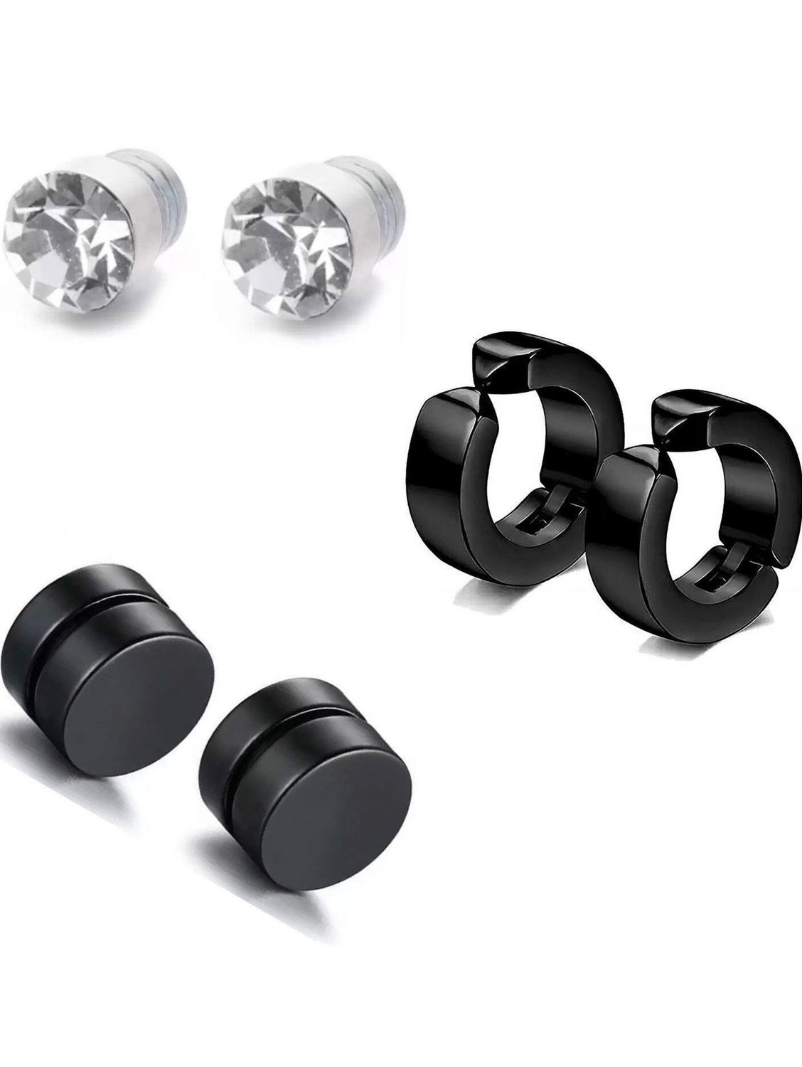 Image of Shashank Soul 3 Pair Black Silver studs Earring Bali Non Pierced ComboEarring-36 Stainless Steel Stud Earring, Magnetic Earring