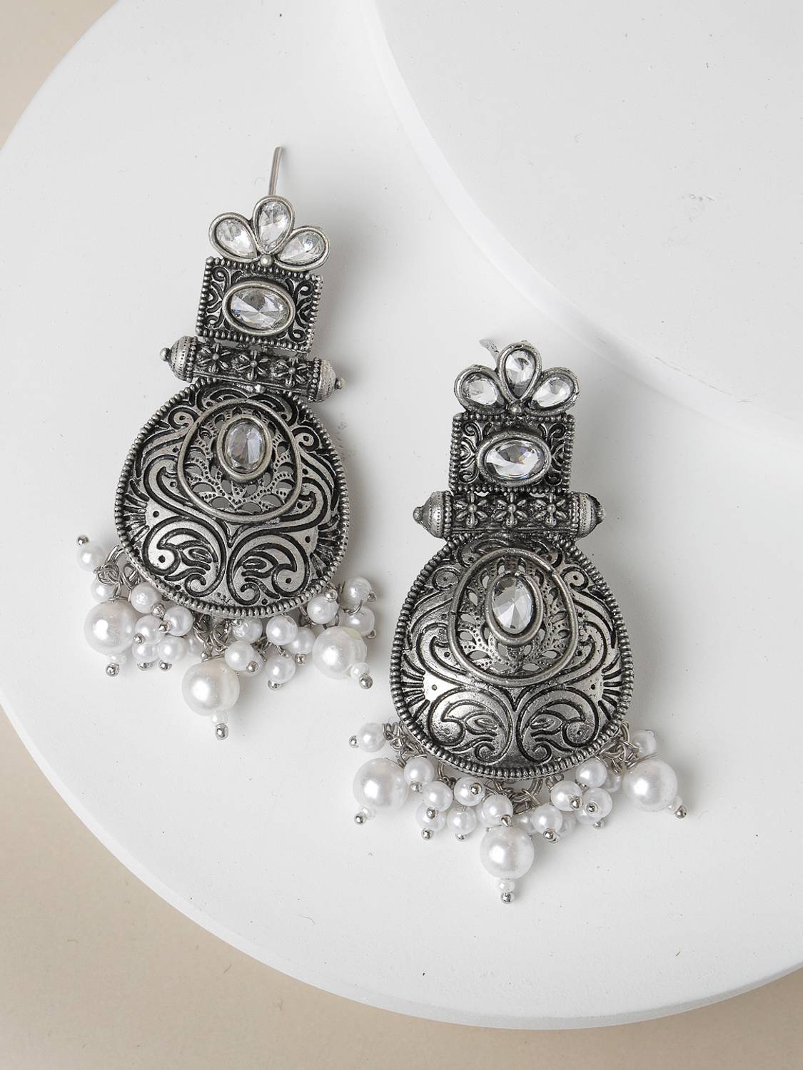 Adiva ADIVA Silver-Plated Kundan Stone & pearl Oxidised Drop Earrings Alloy Drops & Danglers