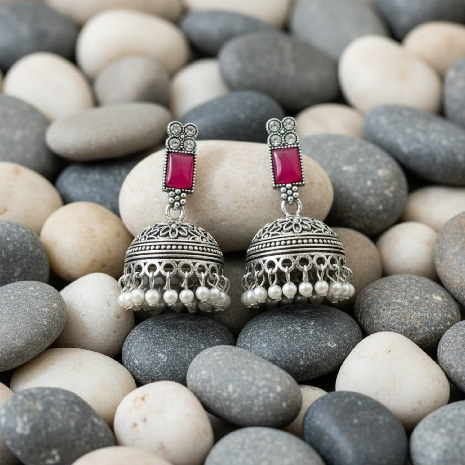 Image of Radhe krishna sales Oxidised Silver Jhumka Earrings with Pink Stone & Pearl Drops Alloy Jhumki Earring