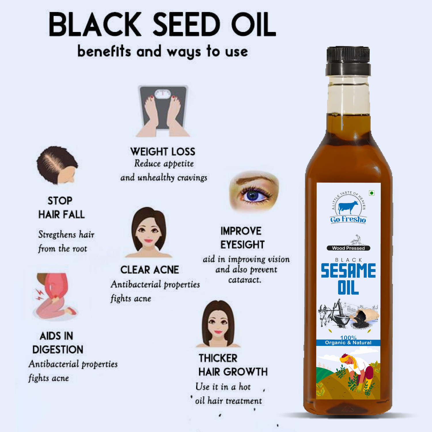 Image of Go Fresho Wood Pressed Black Sesame Oil | 100% Pure, Natural & Cold Pressed Sesame Oil (1 L)