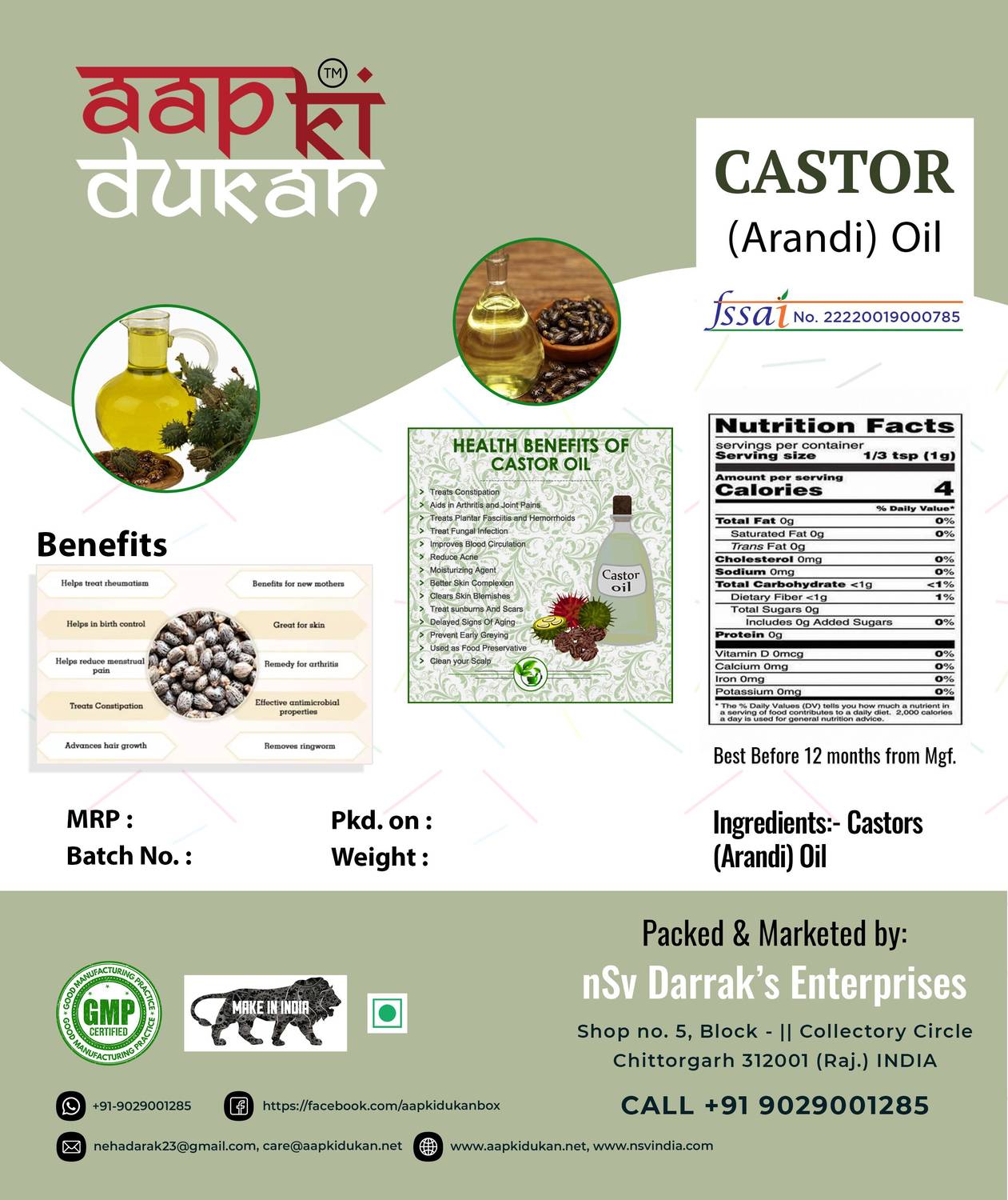 Aapkidukan 100% Pure Castor Oil | Arandi Oil | Virgin & Cold Pressed Oil For Hair & Skin Castor Oil