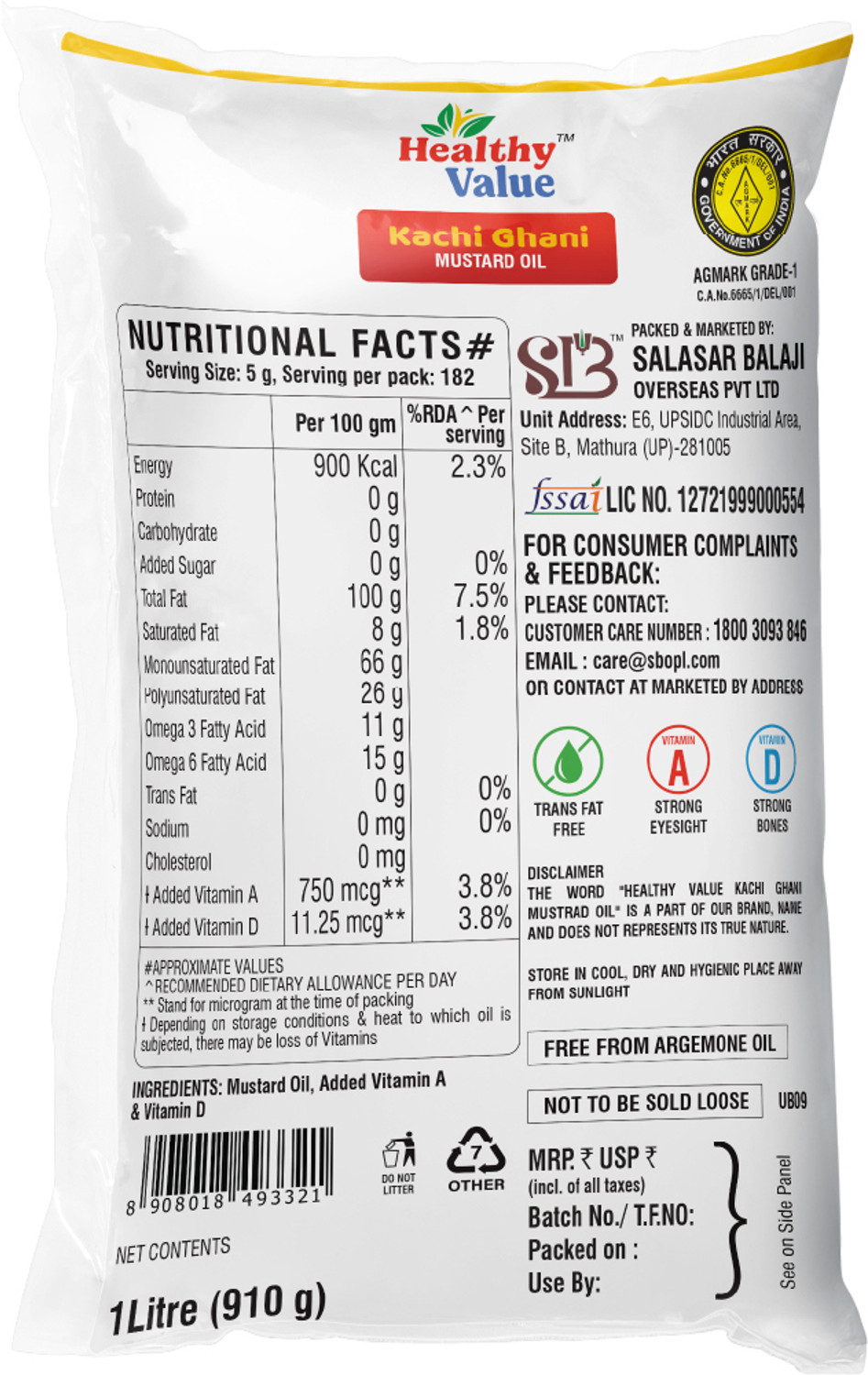 Image of Healthy Value Kacchi Ghani Mustard Oil 1 Litre Pouch Mustard Oil