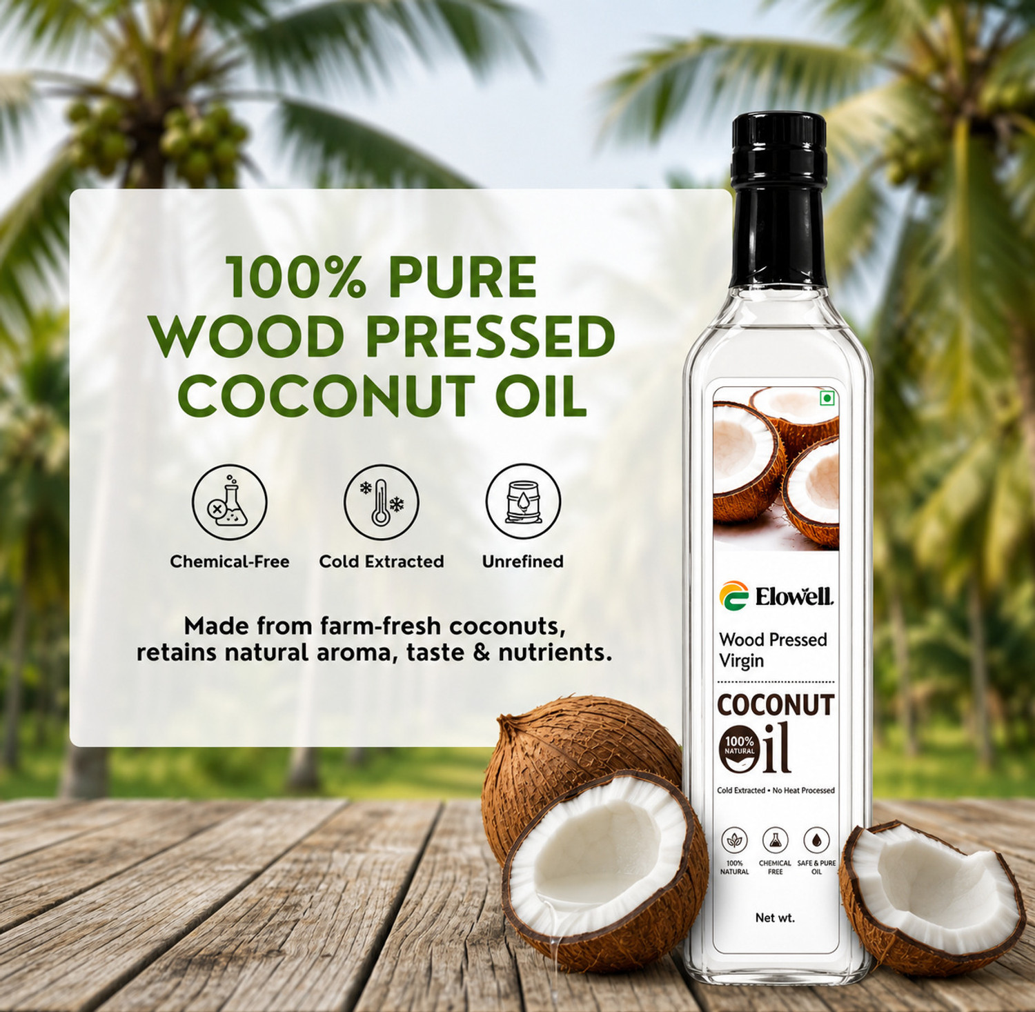 Image of Elowell Edible Cold Pressed for Cooking Hair & Skin Coconut Oil
