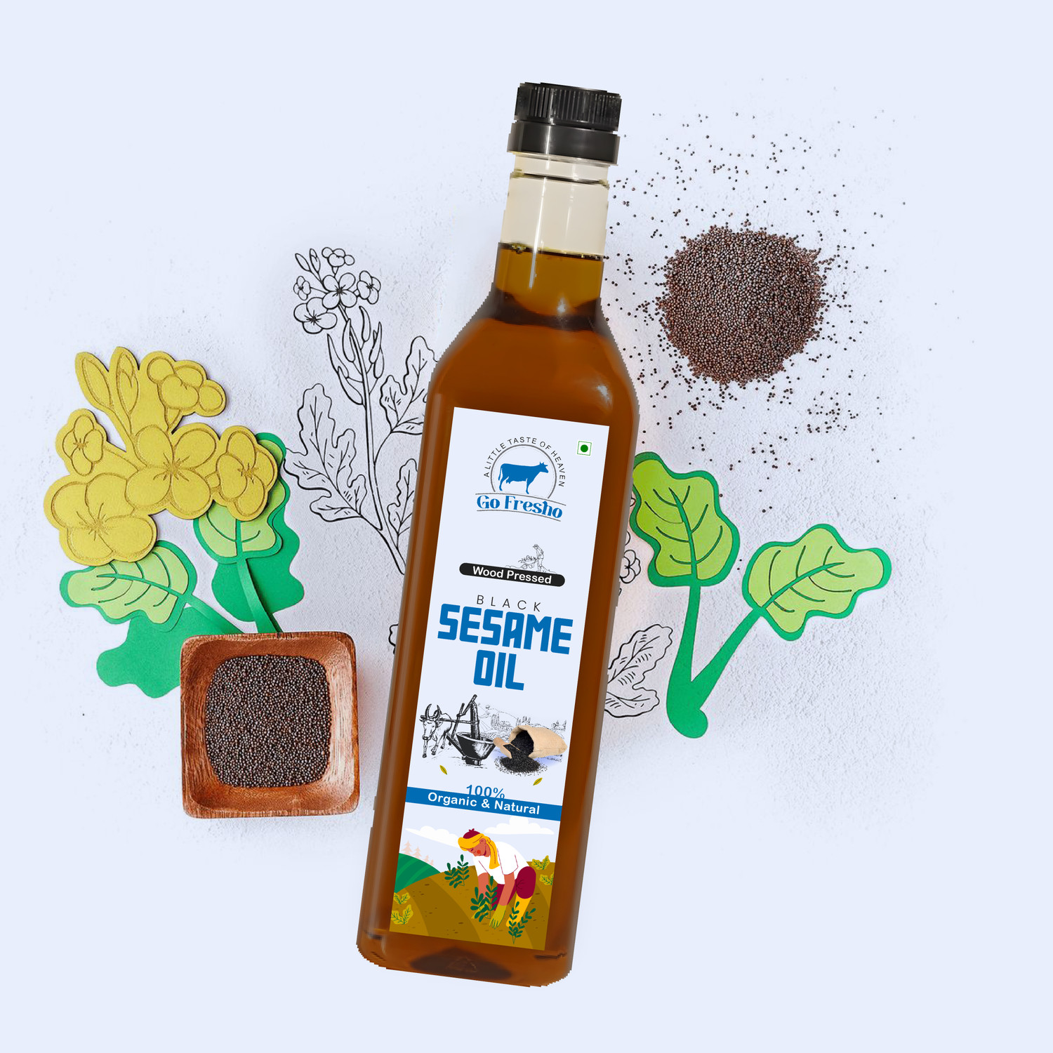 Image of Go Fresho Wood Pressed Black Sesame Oil | 100% Pure, Natural & Cold Pressed Sesame Oil (1 L)