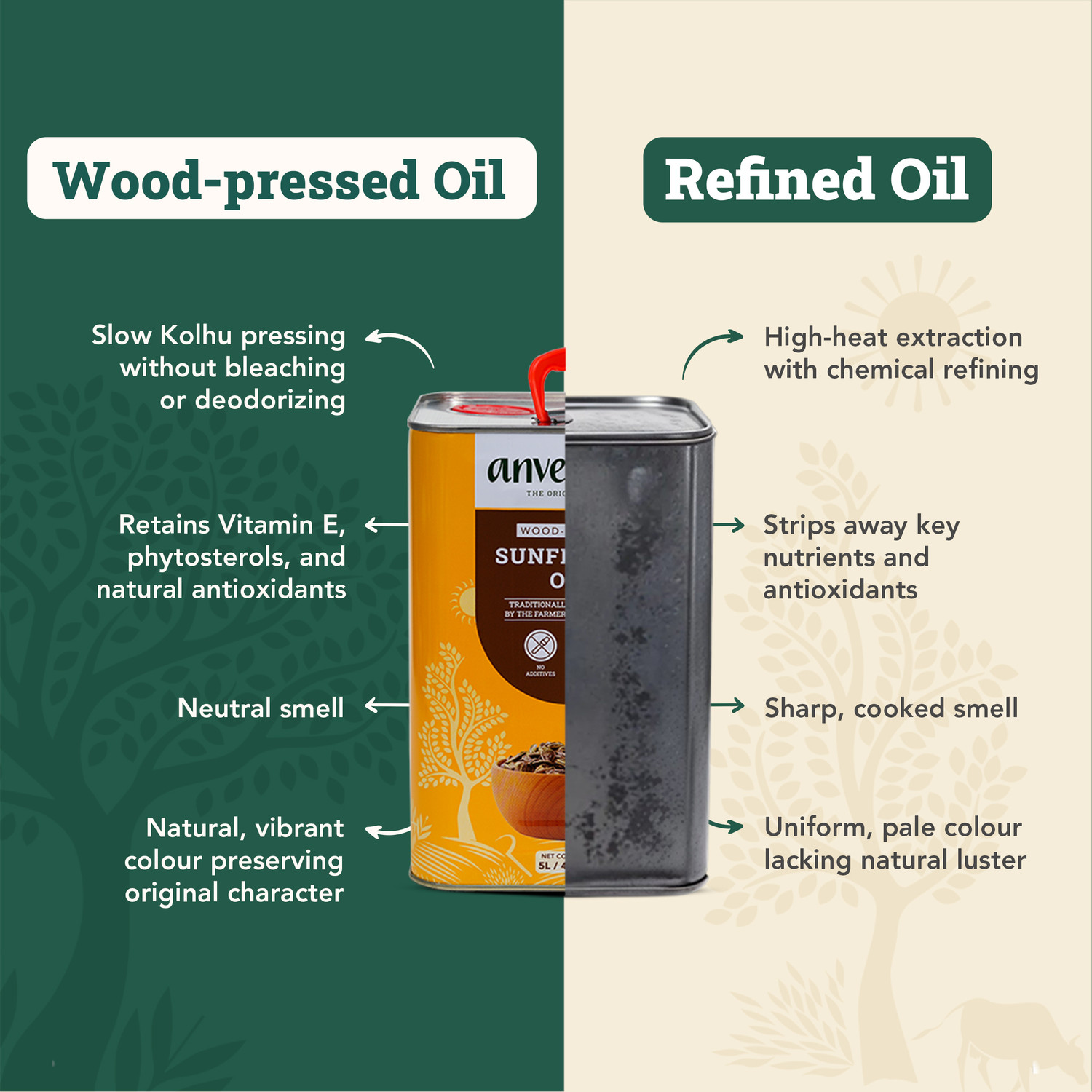 Image of Anveshan Wood Pressed Sunflower Oil 5L | Tin Can | Kolhu /Chekku | Cold Pressed Oil Sunflower Oil