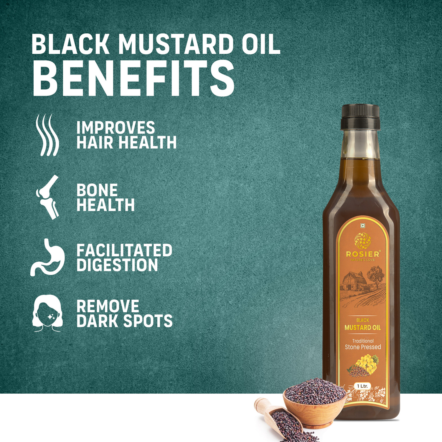 Image of ROSIER Wood Pressed Organic Black Mustard Oil 1Ltr Pure, Natural & Healthy Mustard Oil