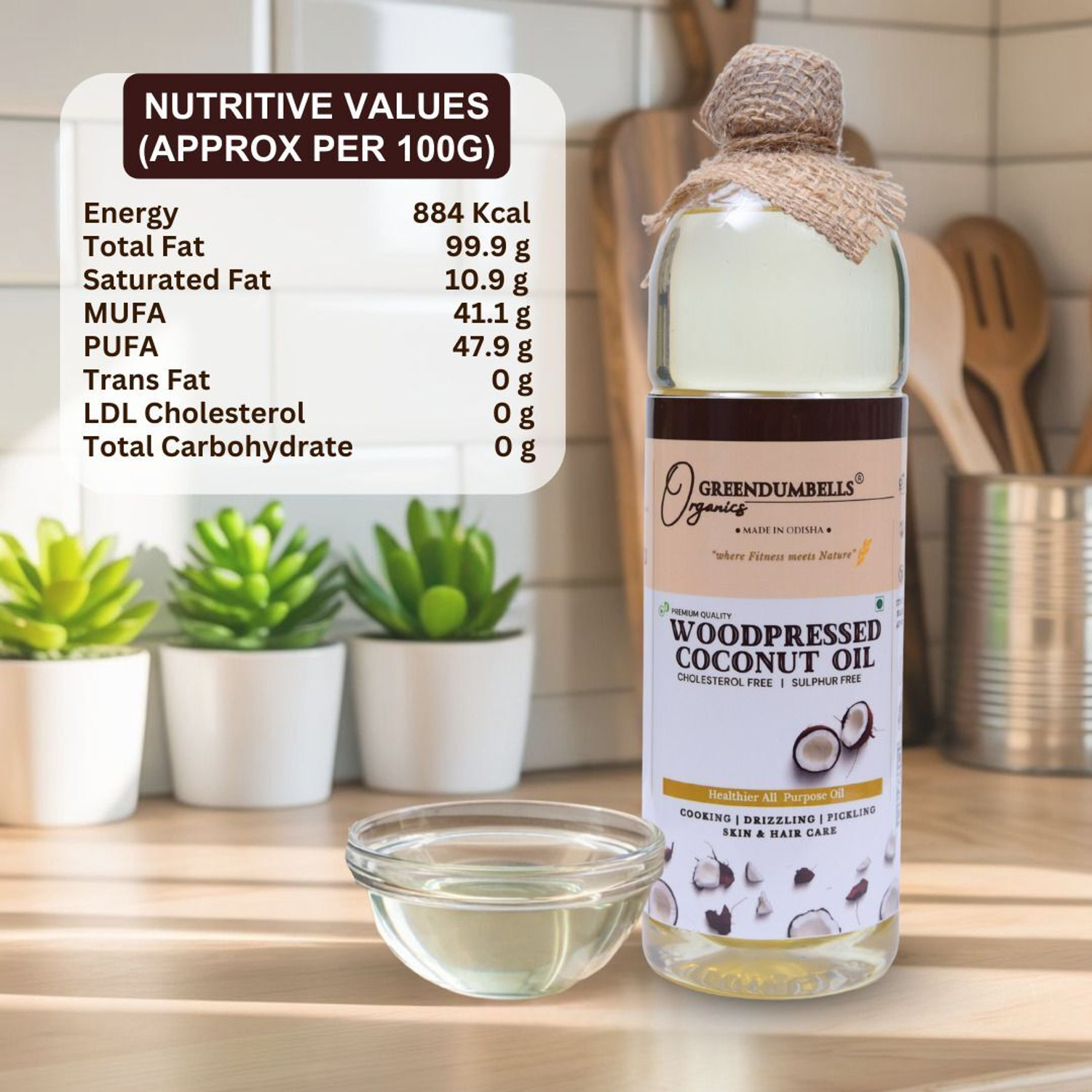 Image of Greendumbells Organics Coconut Oil 1 Litre| For Cooking, Skin care, Hair | Wood Pressed Coconut Oil