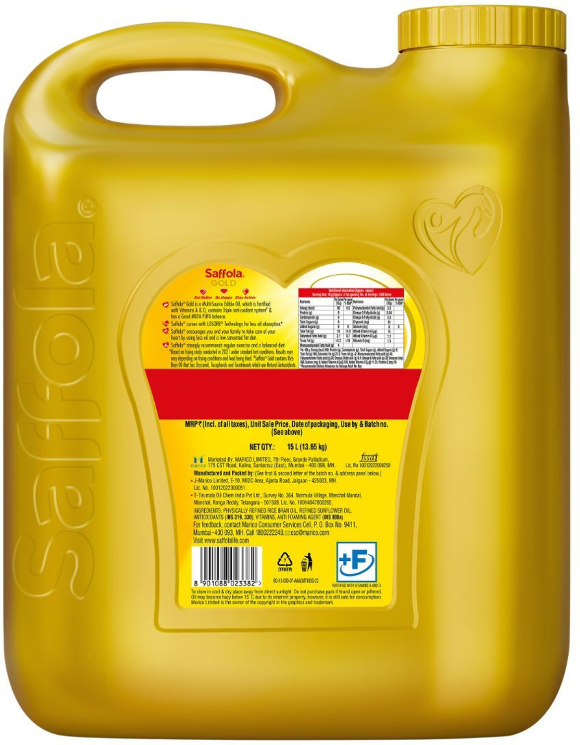 Image of Saffola Gold, Rice Bran & Sunflower Multi-source Edible Oil, Less oil absorption Blended Oil
