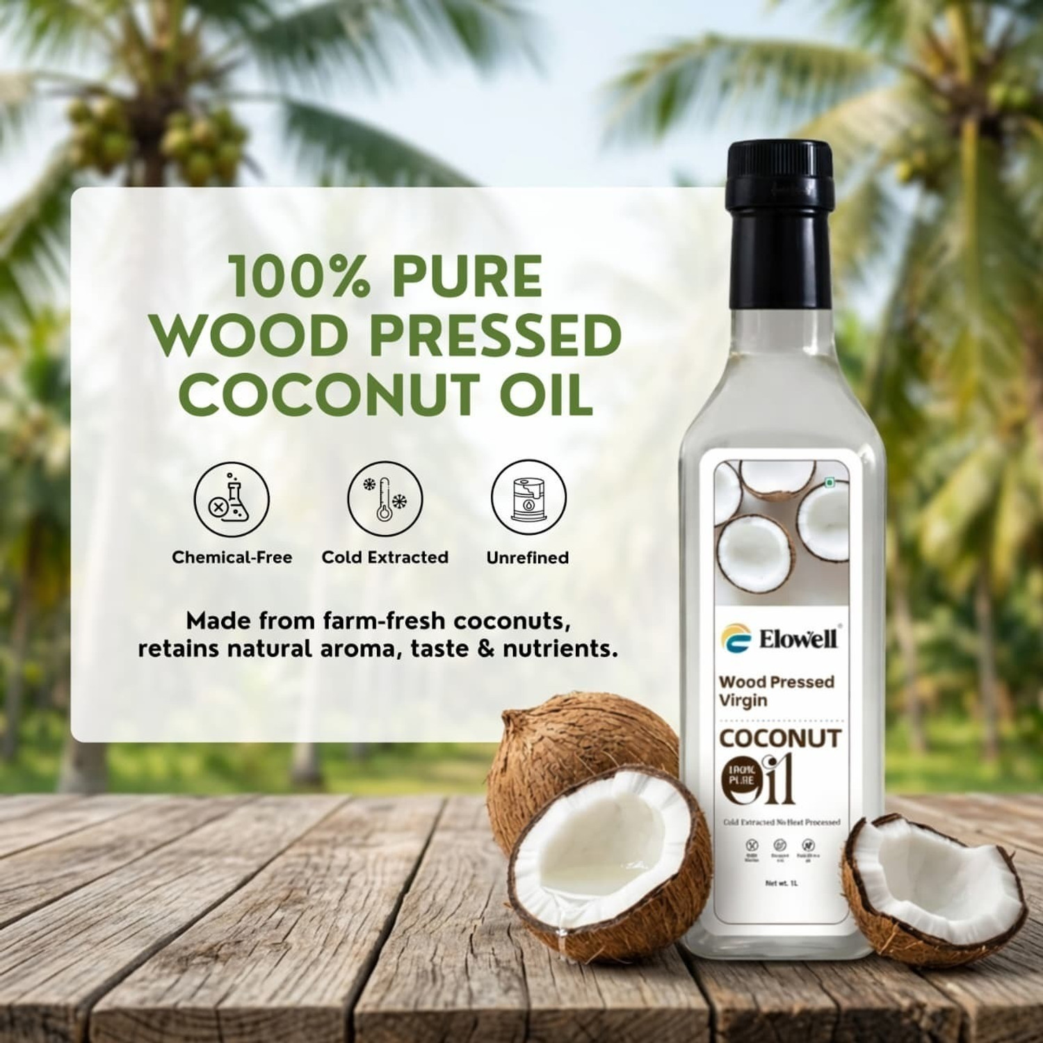 Image of Elowell Edible Cold Pressed for Cooking Hair & Skin Coconut Oil