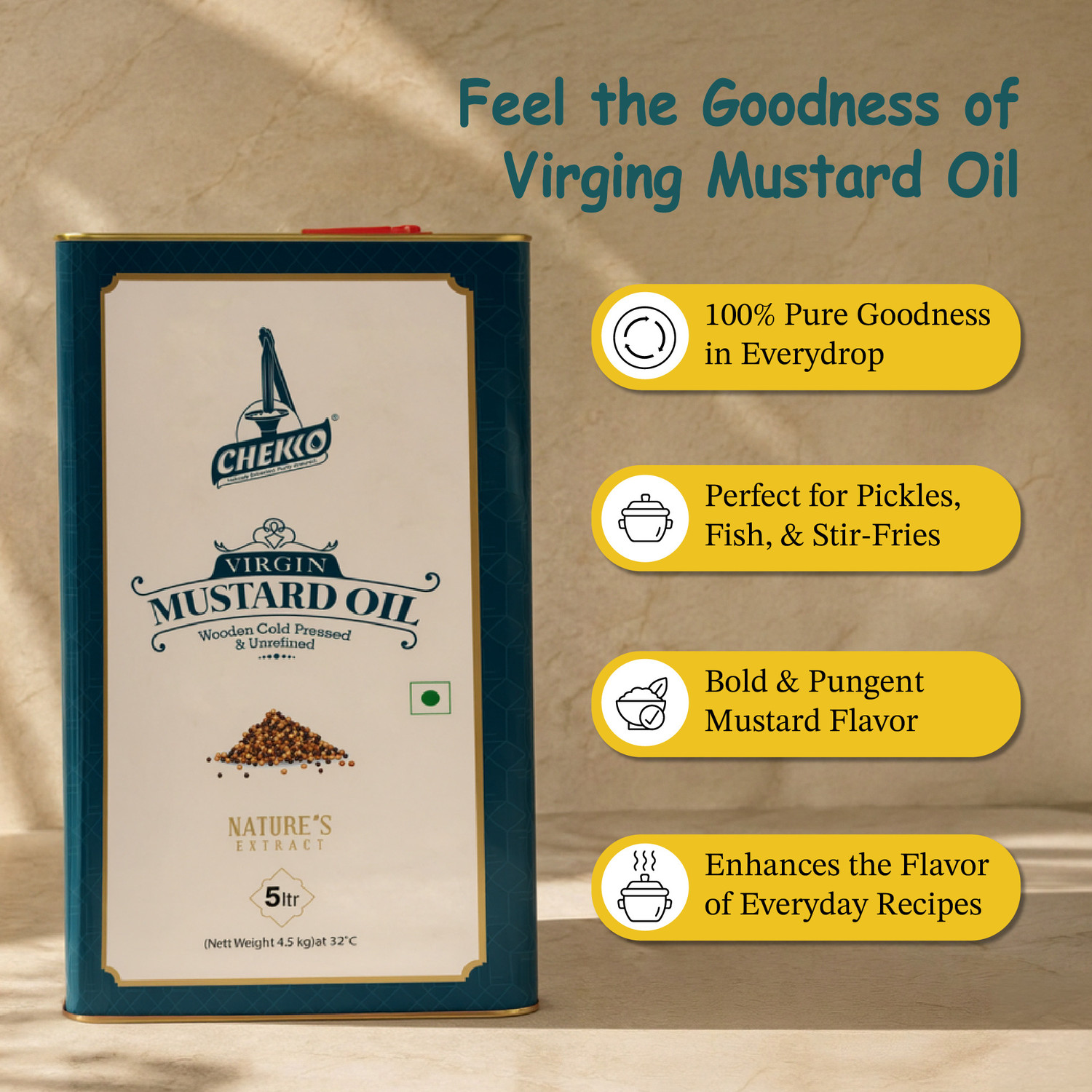 Image of chekko Kachi Ghani Cold Pressed Virgin Mustard Oil(5L) |100% Natural, Pure&Wood Pressed Mustard Oil