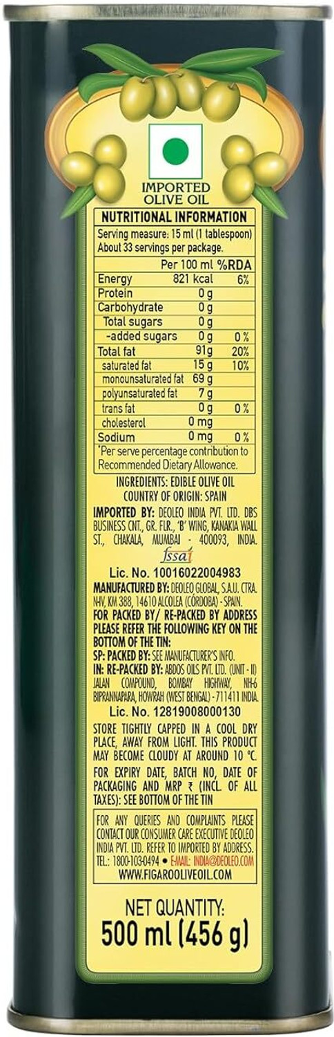 Image of FIGARO Olive Oil Pure Tin 500 Ml Pack of 1 Olive Oil
