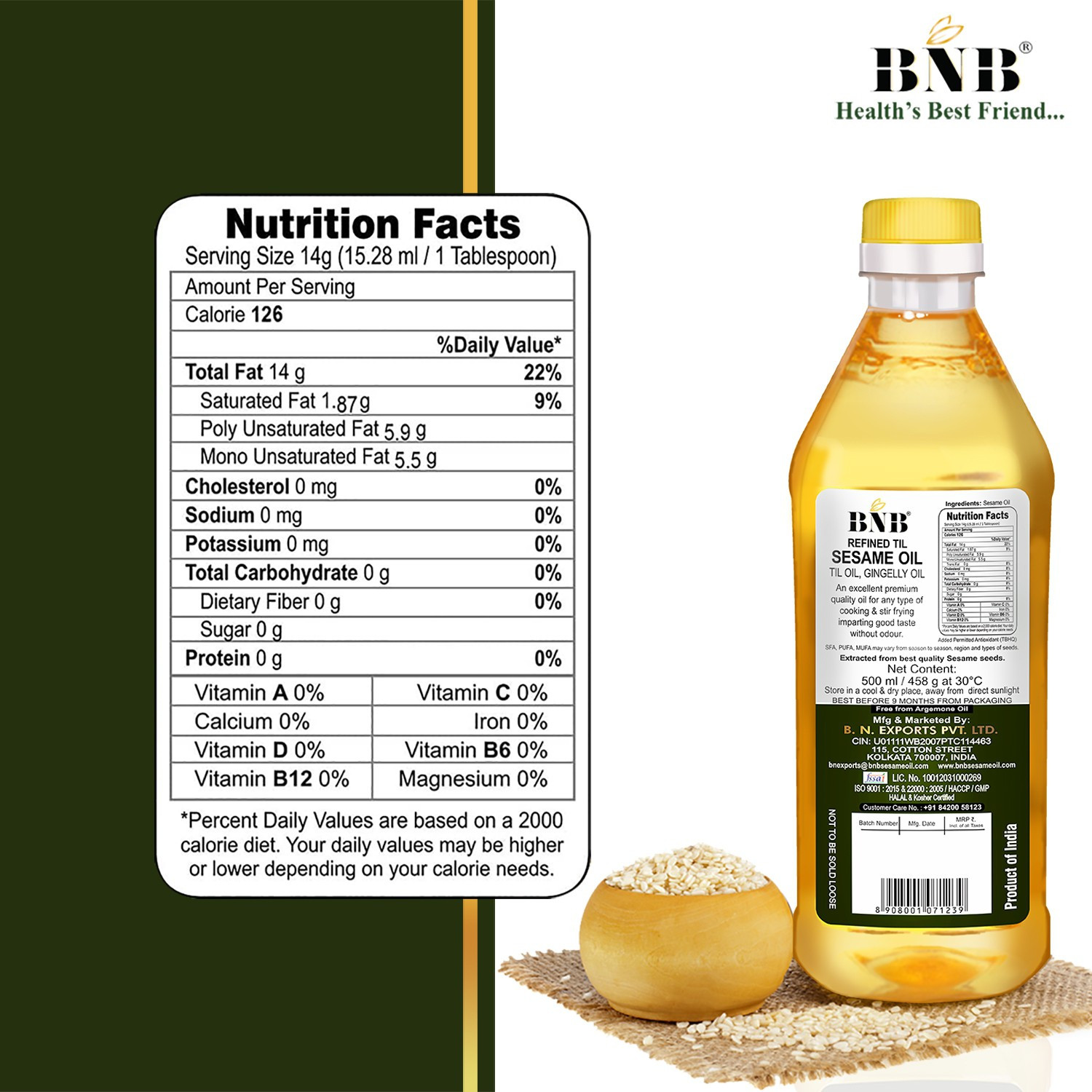 Image of BNB Refined Sesame oil | Til Oil | Gingelly Oil | Cooking Oil| Deep Frying Oil Sesame Oil (1 L)