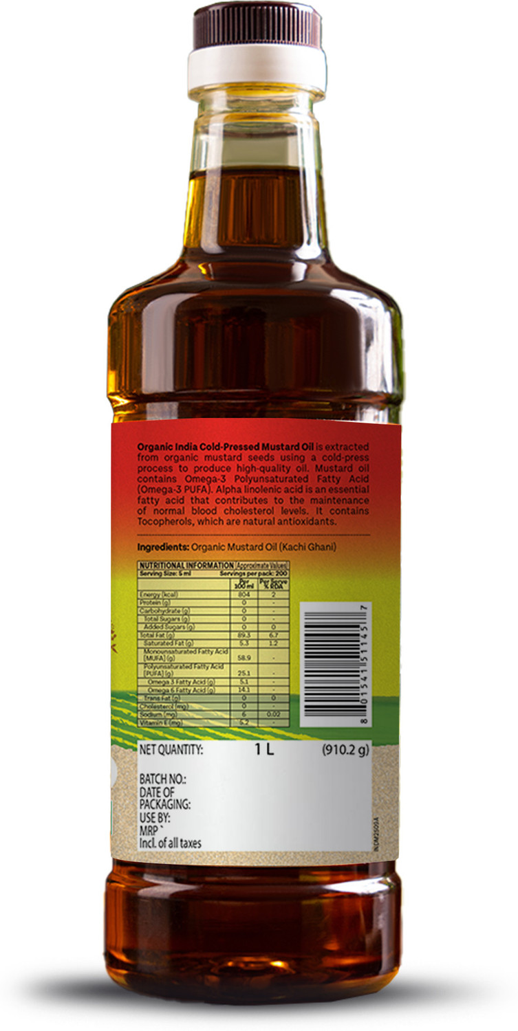 Image of ORGANIC INDIA Mustard Cold Pressed Oil, Lab Tested on 250+ Parameters (1000ml) Mustard Oil