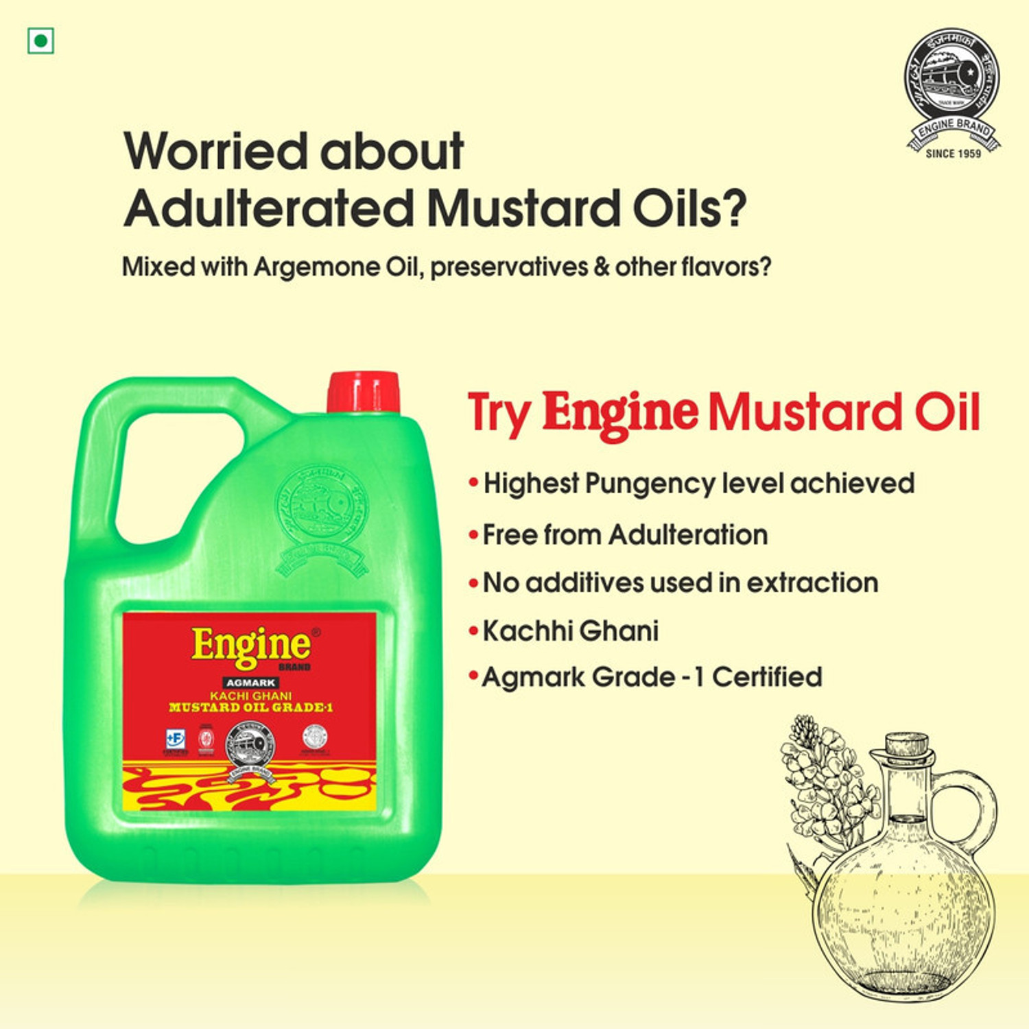 Image of Engine Kachi Ghani Agmark Grade - 1 Mustard Oil - 2 Liter Mustard Oil