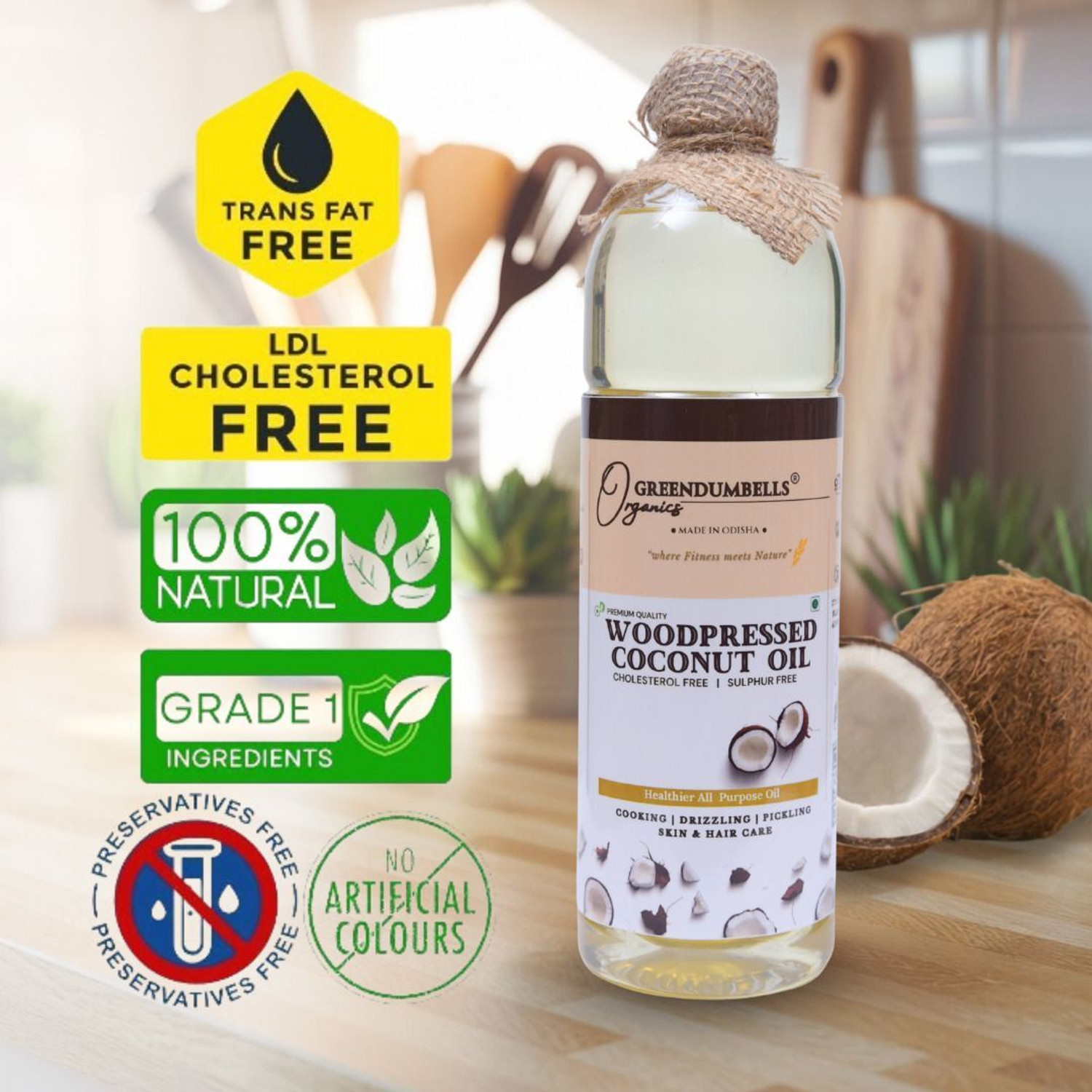 Image of Greendumbells Organics Coconut Oil 1 Litre| For Cooking, Skin care, Hair | Wood Pressed Coconut Oil