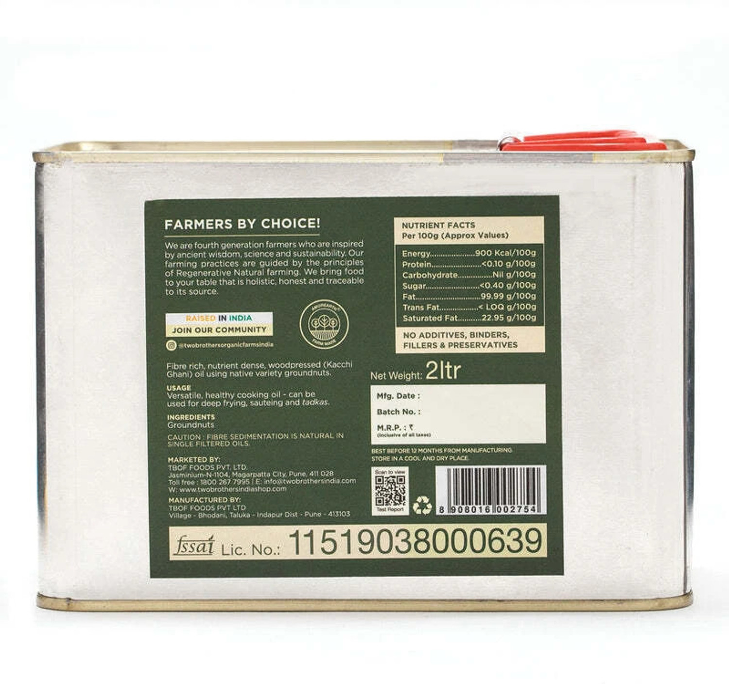 Image of Two Brothers India Farms Wood Pressed - 2Ltr (Tin Can) Groundnut Oil