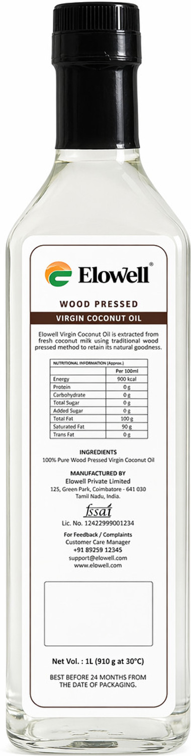 Image of Elowell Edible Cold Pressed for Cooking Hair & Skin Coconut Oil