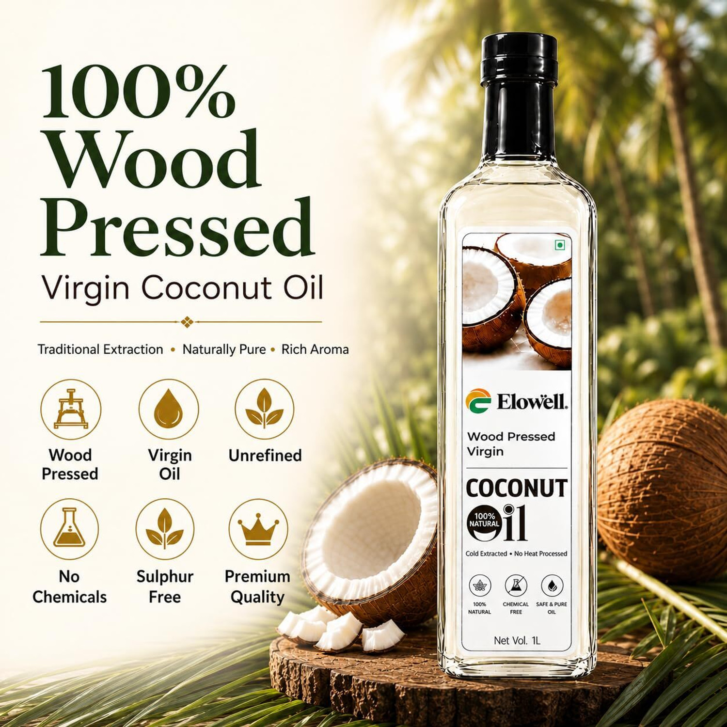 Image of Elowell Cold Pressed Virgin Coconut Oil (2L),, 100% Pure & Natural, Coconut Oil