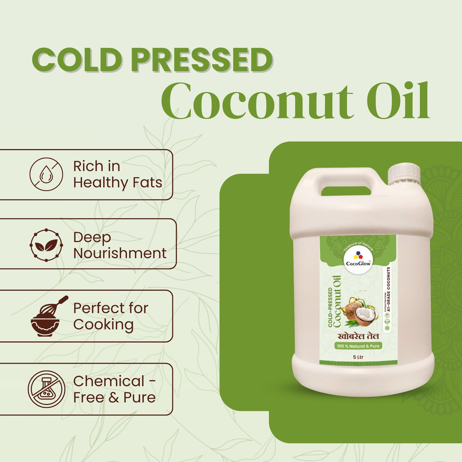 Image of CocoGlow Cold Pressed Coconut Oil Extracted From A1 Coconut Natural & Pure 5 Liter Coconut Oil