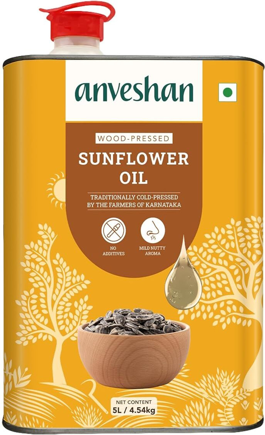 Image of Anveshan Wood Pressed Sunflower Oil 5L | Tin Can | Kolhu /Chekku | Cold Pressed Oil Sunflower Oil