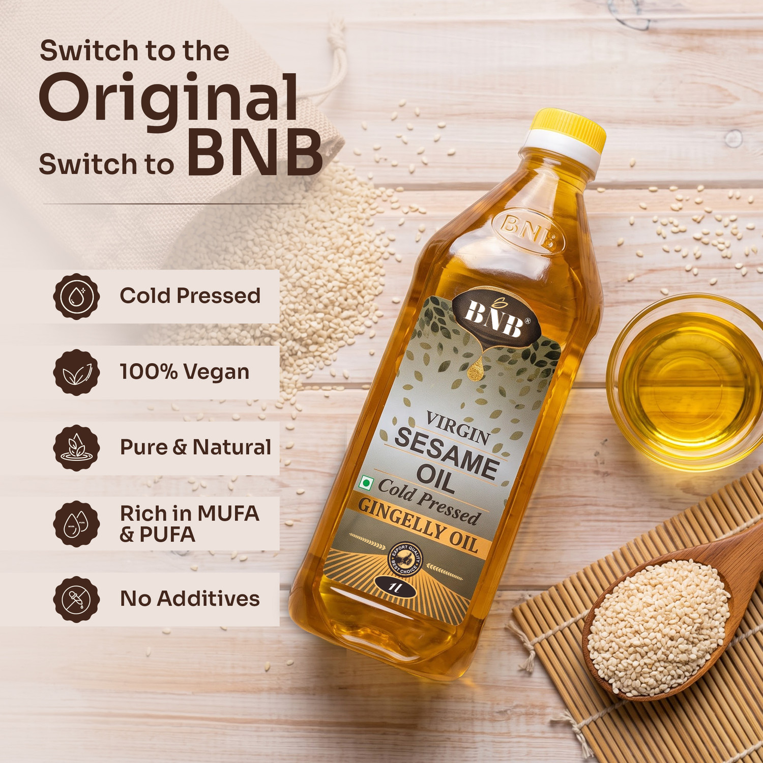 Image of BNB Virgin Sesame Oil|Til OIl|Gingelly Oil|Cold Pressed Cooking Oil |Deepak Puja Oil Sesame Oil (1 L)