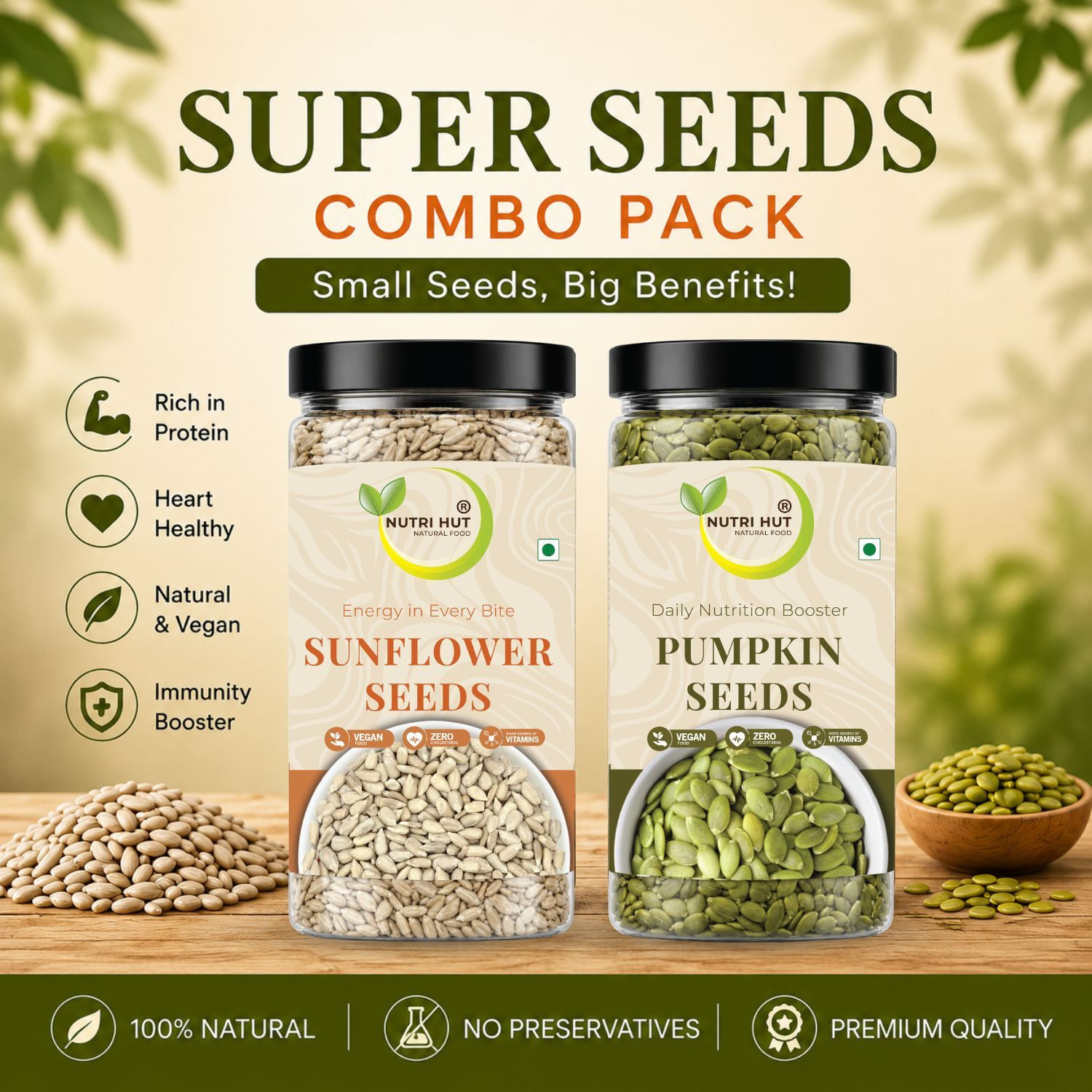 Image of Nutri Hut Super Seeds Combo Pack | 100% Natural & Healthy Pumpkin Seeds, Sunflower Seeds