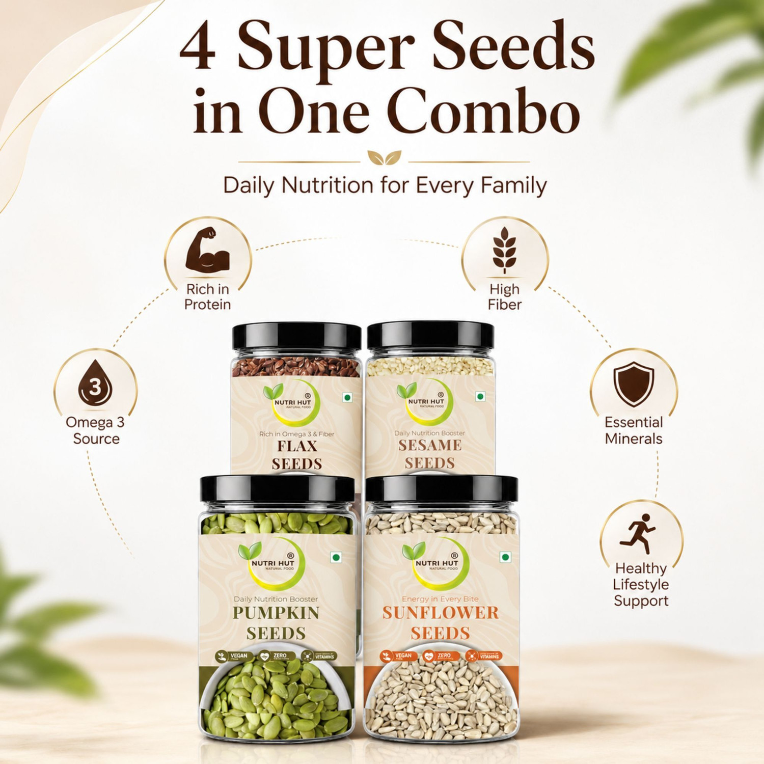 Image of Nutri Hut Super Seeds Combo Pack of 4 | Natural Superfood | High Protein, Fiber & Omega-3 Pumpkin Seeds, Sunflower Seeds, Golden Flax Seeds, Sesame Seeds