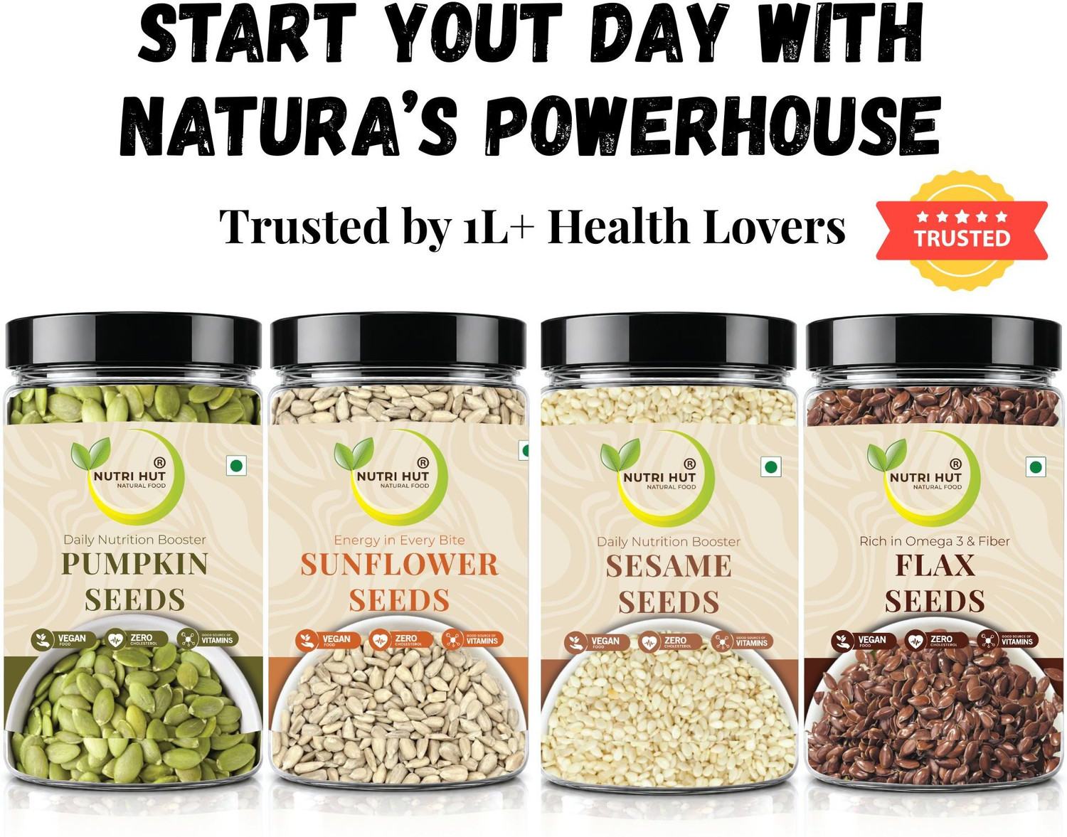 Image of Nutri Hut Super Seeds Combo Pack of 4 | Natural Superfood | High Protein, Fiber & Omega-3 Pumpkin Seeds, Sunflower Seeds, Golden Flax Seeds, Sesame Seeds