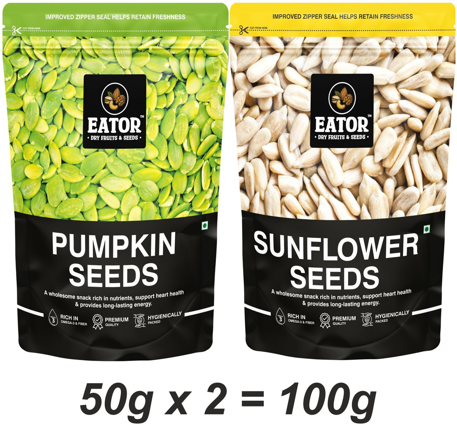 Image of EATOR Seeds Combo 100gm (50gm Each), Pack of 2, Pumpkin Seeds, Sunflower Seeds