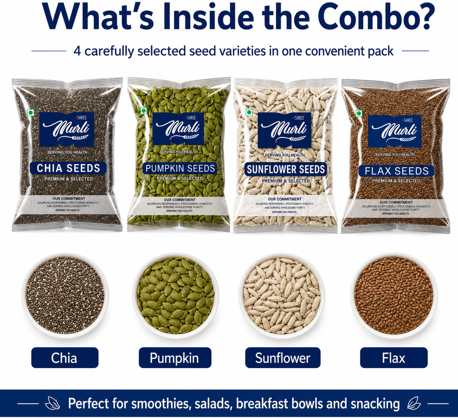 Image of SHREE MURLI Chia, Pumpkin, Sunflower & Flax Seeds Combo (Pack of 4) Chia Seeds, Pumpkin Seeds, Sunflower Seeds, Brown Flax Seeds