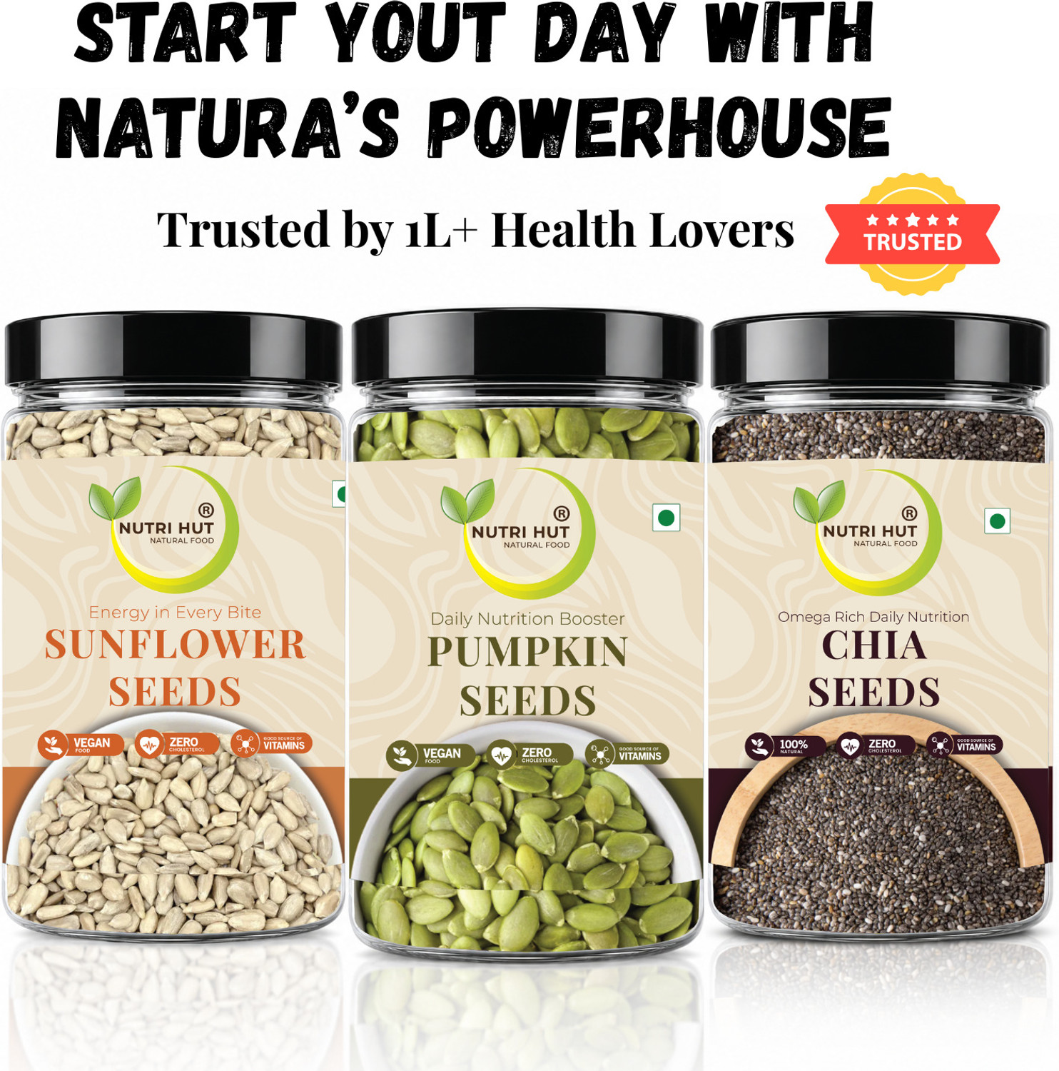 Image of Nutri Hut Super Seeds Combo Pack of 3 | Eating for Healthy Diet, Immunity Booster Chia Seeds, Pumpkin Seeds, Sunflower Seeds (3 x 150 g)