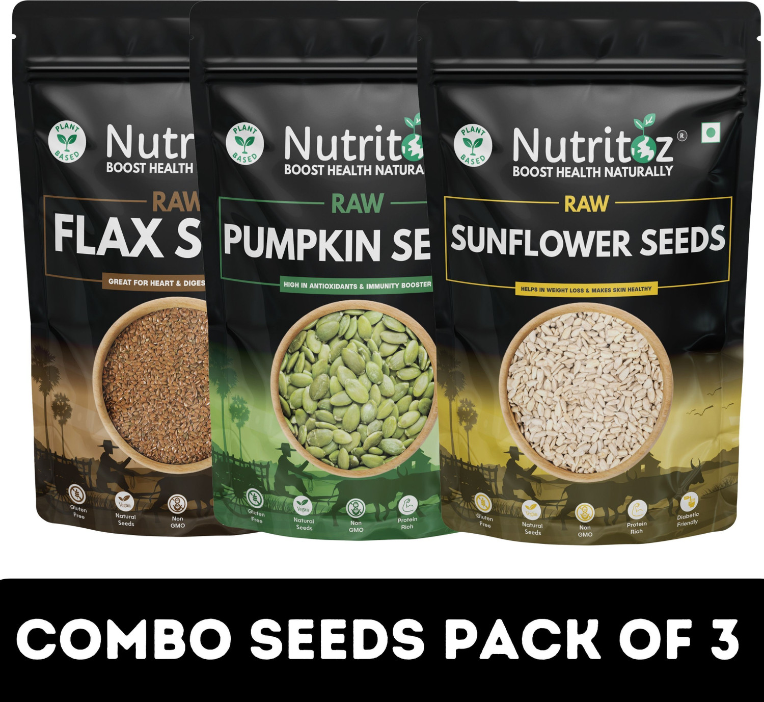Image of Nutritoz Pumpkin Seeds, Sunflower Seeds & Flax Seeds Combo Pack of 3 | 200GM Each Brown Flax Seeds, Pumpkin Seeds, Sunflower Seeds