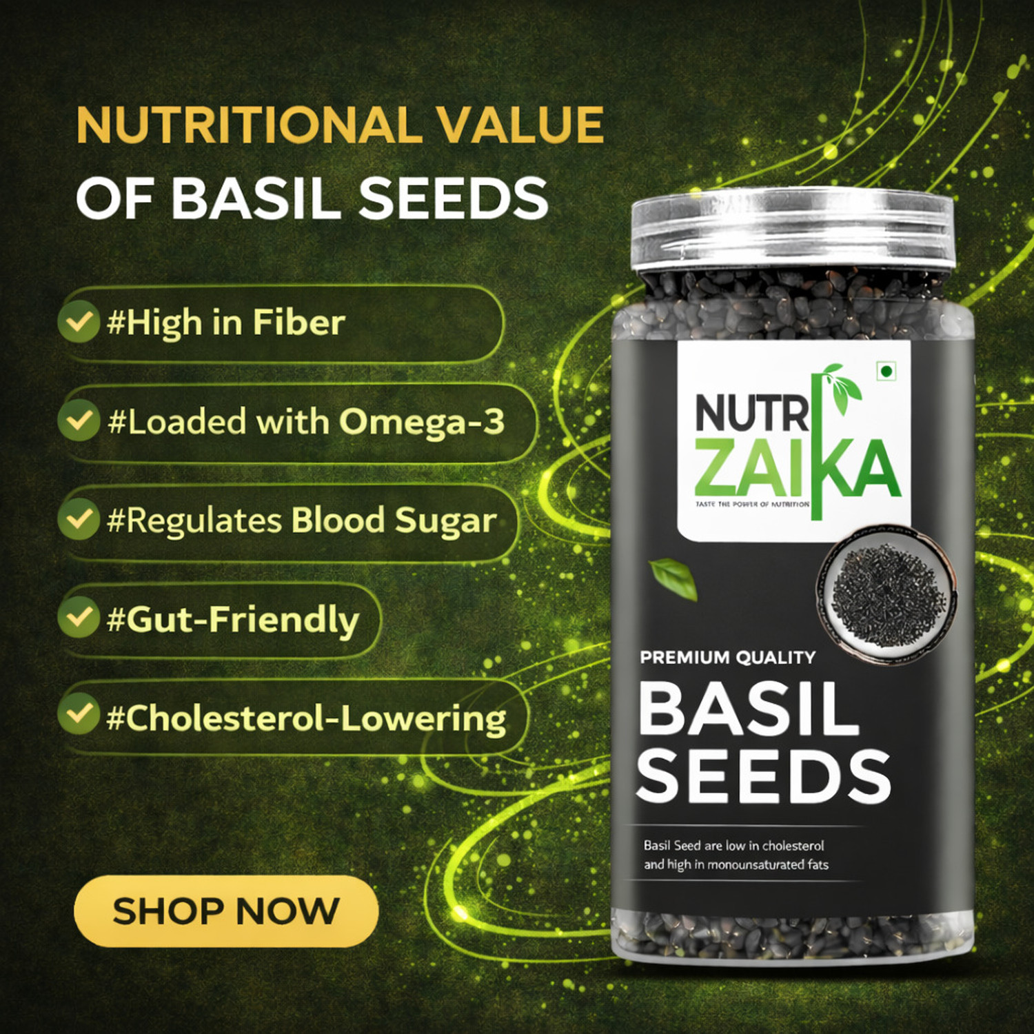 Image of NUTRI ZAIKA Natural Basil Seeds | Cooling Superfood | Hydrating & Fiber-Rich Basil Seeds