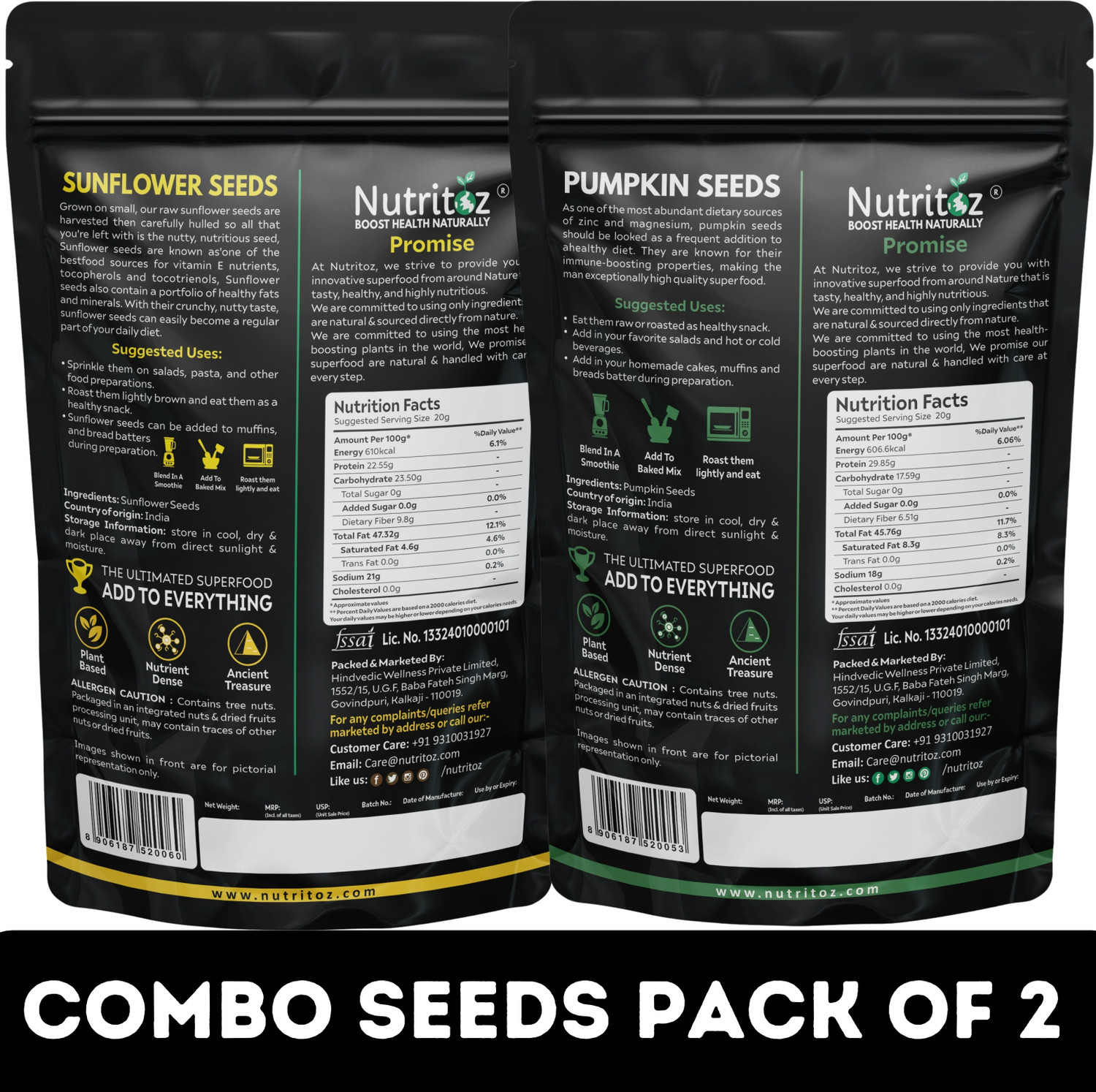 Image of Nutritoz Raw Pumpkin Seeds & Sunflower Seeds 500g Combo Pack of 2 | 250g Each of Pumpkin Seeds, Sunflower Seeds