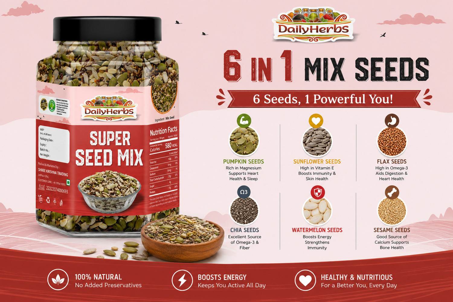 Image of DAILYHERBS Premium 6 in 1 Roasted super seed mix Immunity Booster weight loss Healthy snack Chia Seeds, Pumpkin Seeds, Sunflower Seeds, Watermelon Seeds, Brown Flax Seeds, White Sesame Seeds