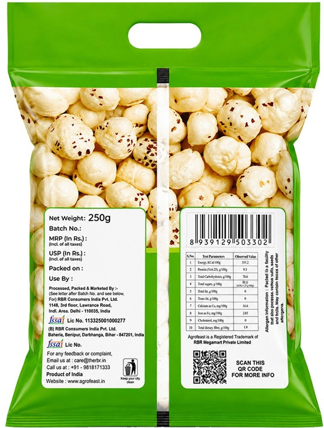 Image of AGROFEAST Agrofeast Raw Makhana | Premium Fox Nuts | Unroasted Makhana | 500g (250g x 2) Makhana