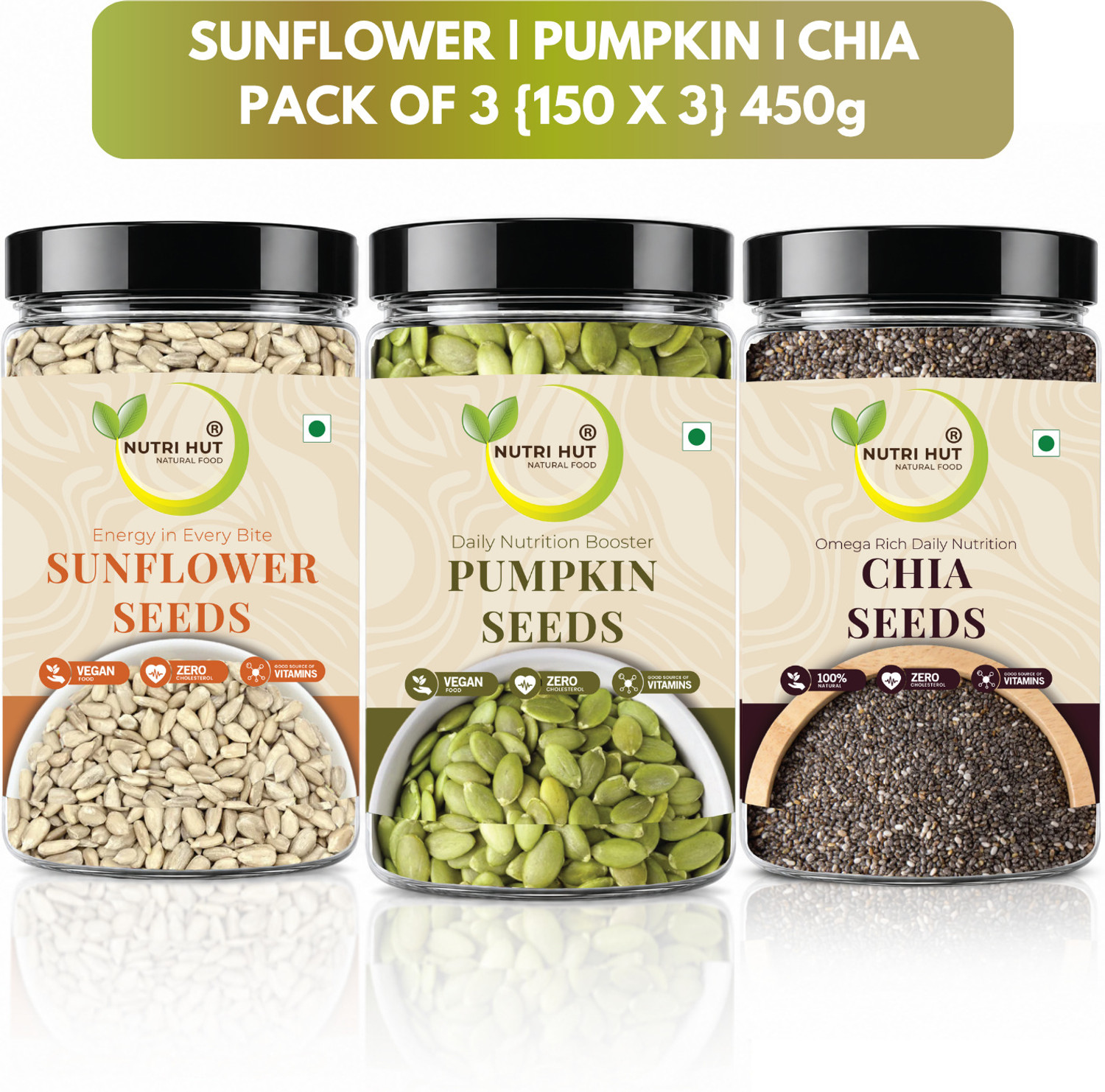Image of Nutri Hut Super Seeds Combo Pack of 3 | Eating for Healthy Diet, Immunity Booster Chia Seeds, Pumpkin Seeds, Sunflower Seeds (3 x 150 g)