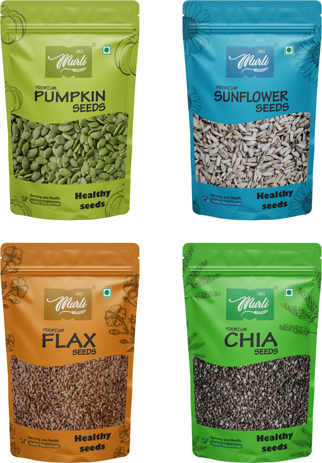 Image of SHREE MURLI Combo of Chia, Pumpkin, Sunflower & Flax 800g (200g Each) |Good for Weight Loss| Chia Seeds, Pumpkin Seeds, Sunflower Seeds, Brown Flax Seeds
