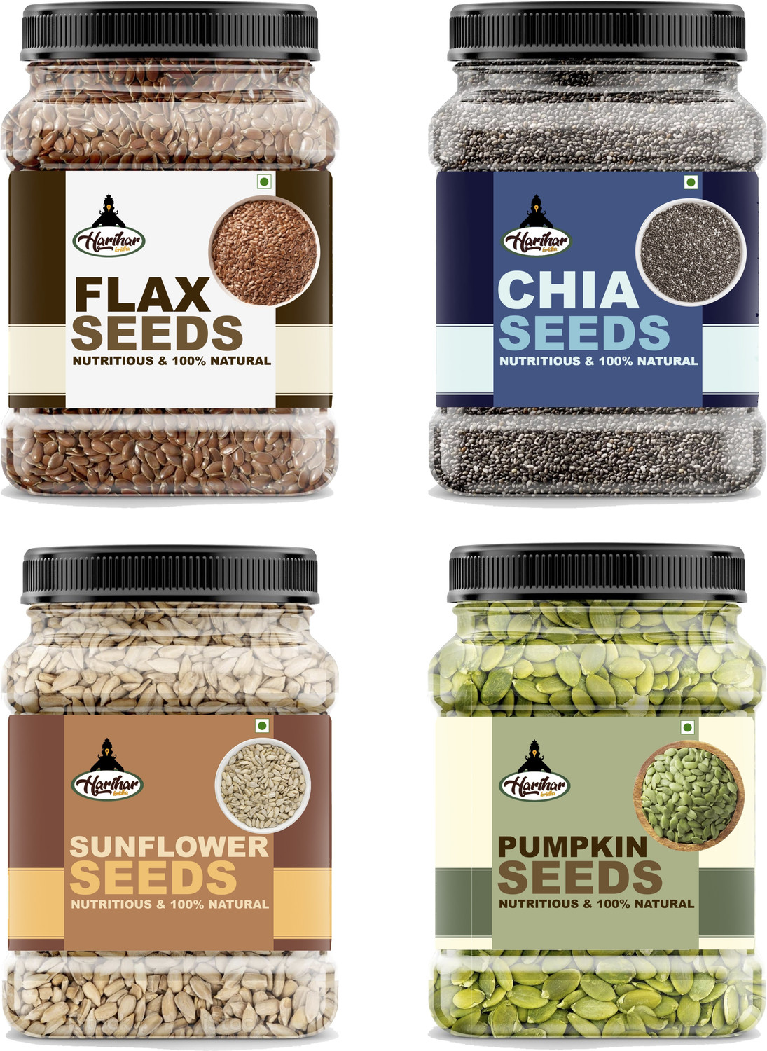 Image of HARIHARKRIDHA Premium Seed Combo | Chia, Pumpkin, Sunflower, Flax Seed | For Health & Wellness Chia Seeds, Pumpkin Seeds, Brown Flax Seeds, Sunflower Seeds