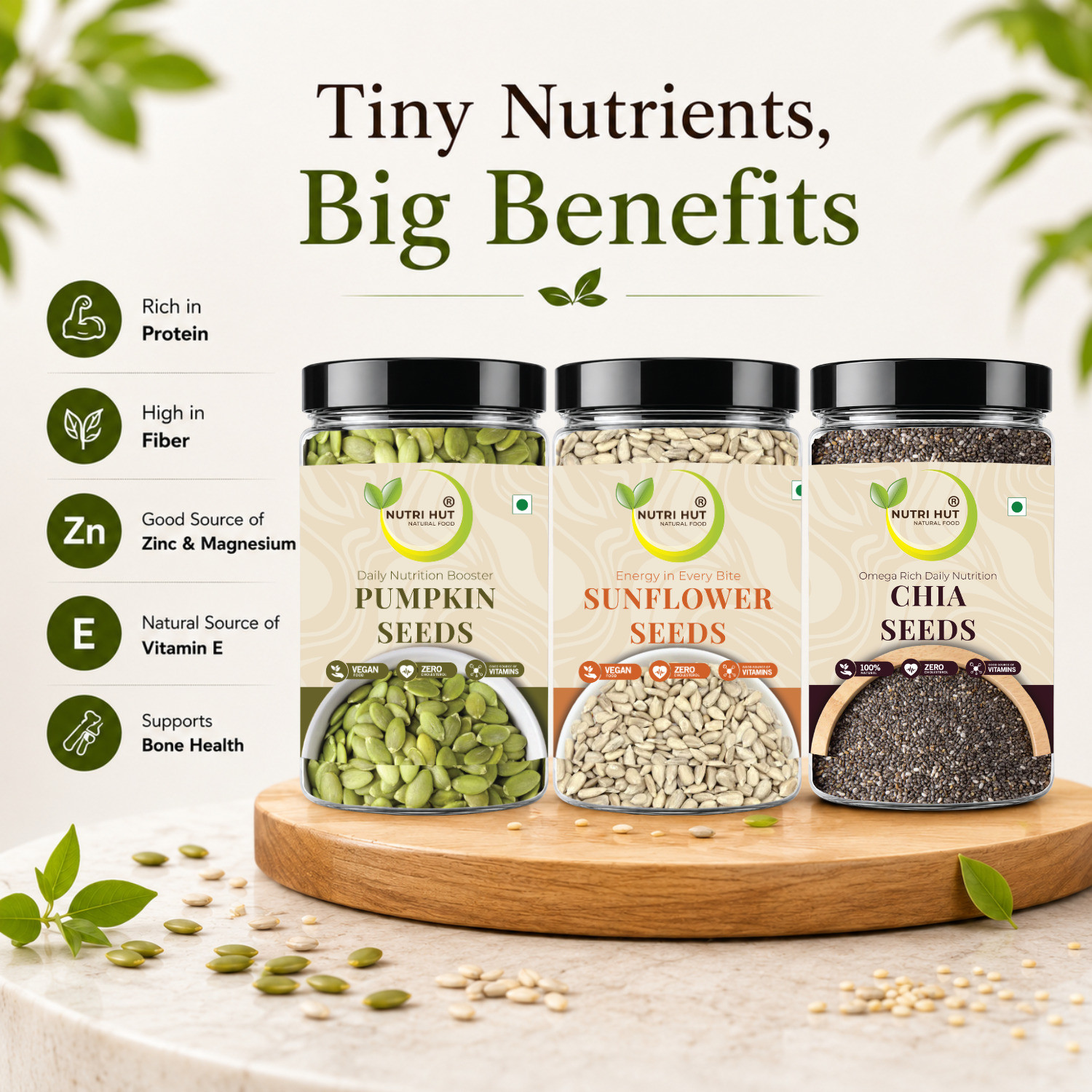 Image of Nutri Hut Super Seeds Combo Pack of 3 | Eating for Healthy Diet, Immunity Booster Chia Seeds, Pumpkin Seeds, Sunflower Seeds (3 x 150 g)