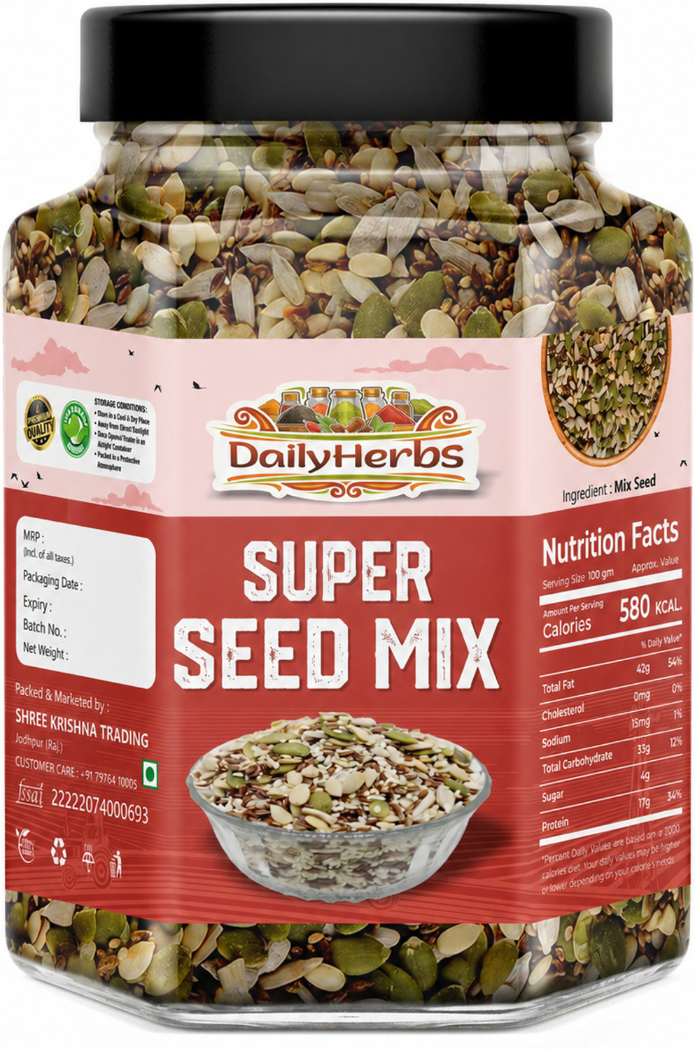 Image of DAILYHERBS Premium 6 in 1 Roasted super seed mix Immunity Booster weight loss Healthy snack Chia Seeds, Pumpkin Seeds, Sunflower Seeds, Watermelon Seeds, Brown Flax Seeds, White Sesame Seeds