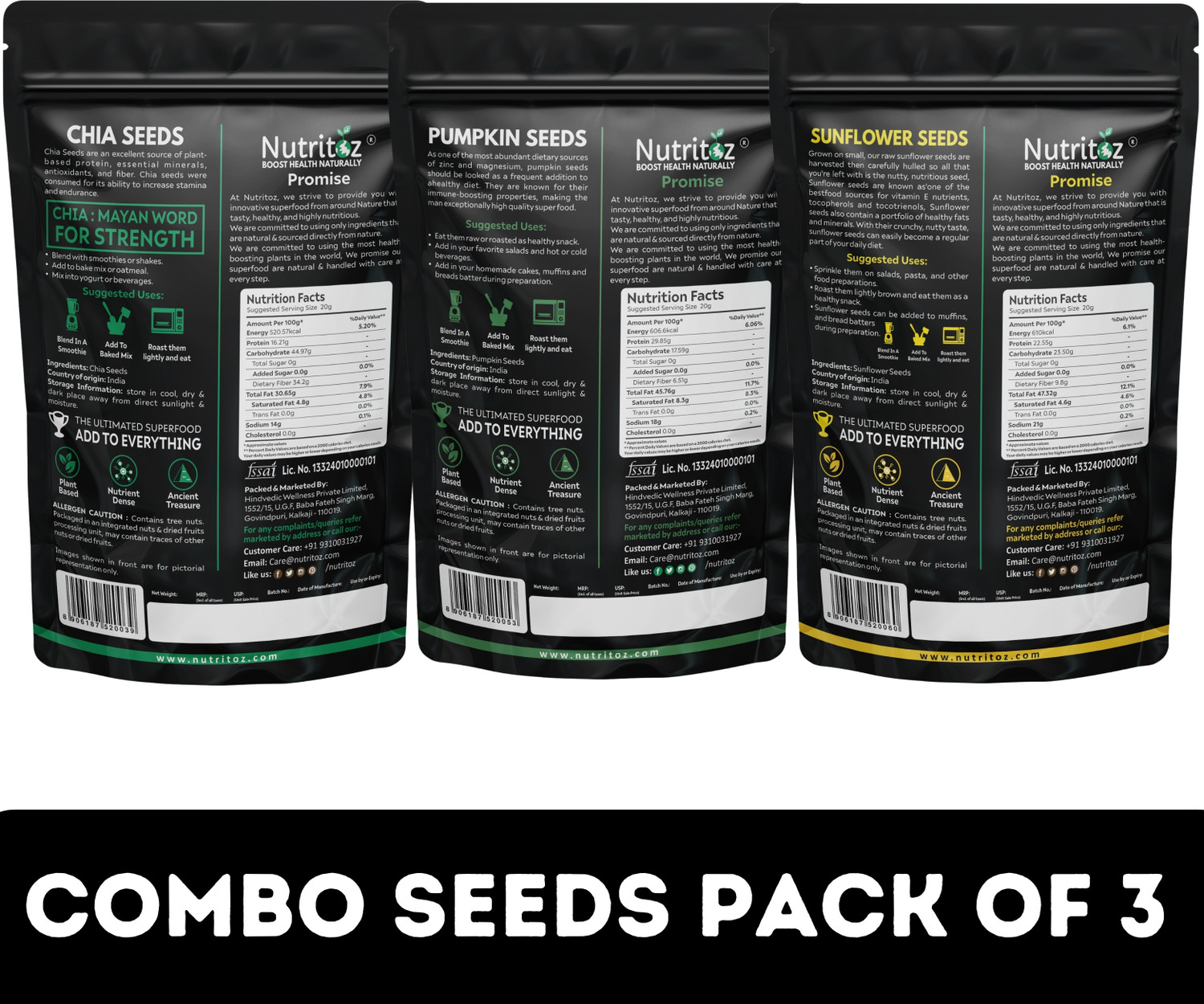 Image of Nutritoz Raw Chia Seeds, Pumpkin Seeds & Sunflower Seeds 600g Combo Pack of 3 | 200g Each Chia Seeds, Pumpkin Seeds, Sunflower Seeds