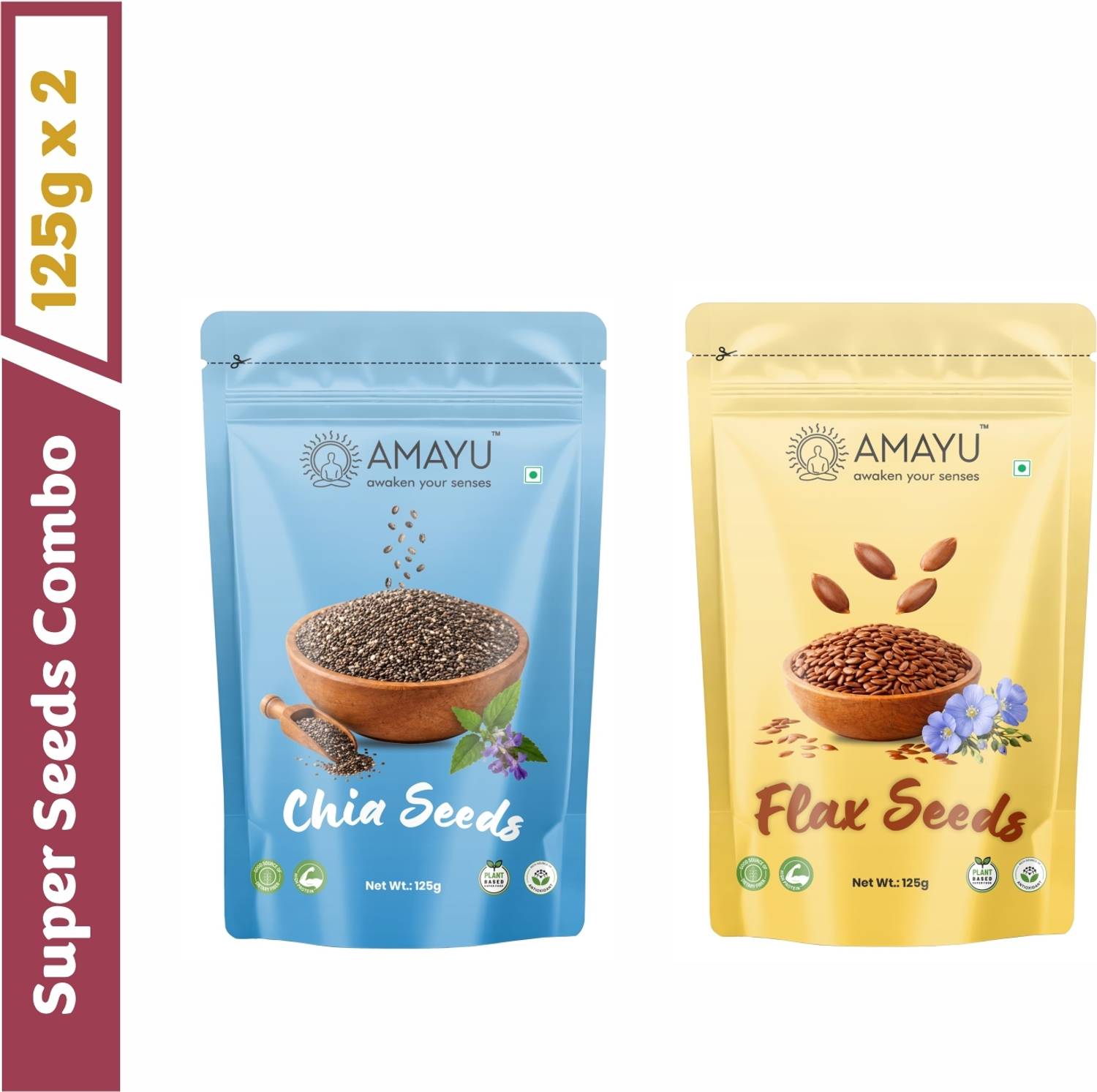 AMAYU Raw Organic Chia Seeds Weight Loss 125g | Flax Seeds for Hair 125g Combo Chia Seeds, Brown Flax Seeds