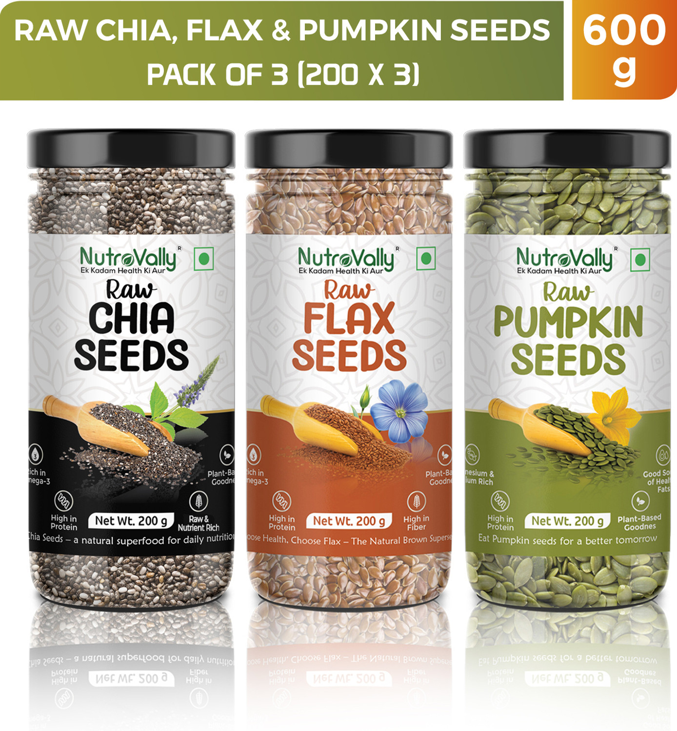 Image of NutroVally Raw Chia Seeds, Flax Seeds, Pumpkin Seeds Combo Loaded with Omega 3, Zinc, Fiber, Calcium, Protein for weight loss, Healthy Heart and Boost Immunity seed for Eating Chia Seeds, Pumpkin Seeds, Brown Flax Seeds (3 x 200 g)