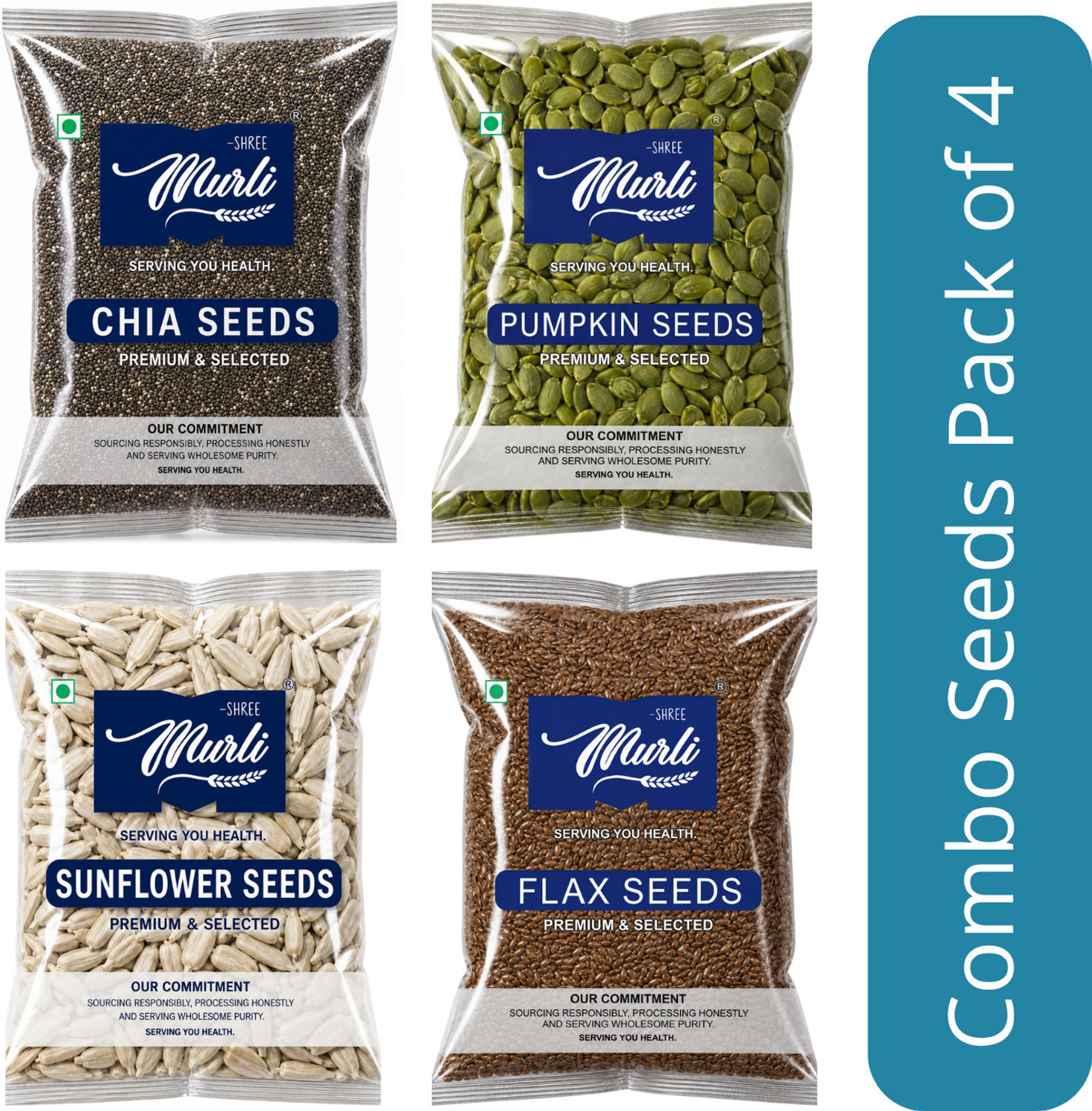 Image of SHREE MURLI Chia, Pumpkin, Sunflower & Flax Seeds Combo (Pack of 4) Chia Seeds, Pumpkin Seeds, Sunflower Seeds, Brown Flax Seeds