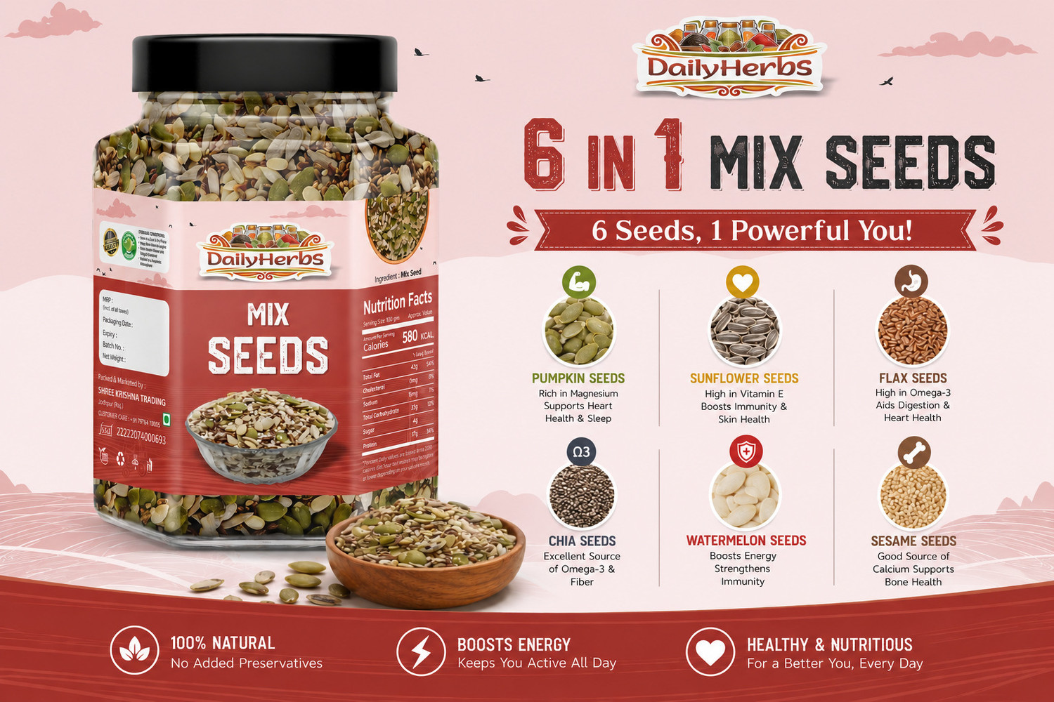 Image of DAILYHERBS Premium 6 in 1 Roasted seeds mix Immunity Booster weight loss Healthy snacks Chia Seeds, Sunflower Seeds, Pumpkin Seeds, Watermelon Seeds, Brown Flax Seeds, Sesame Seeds