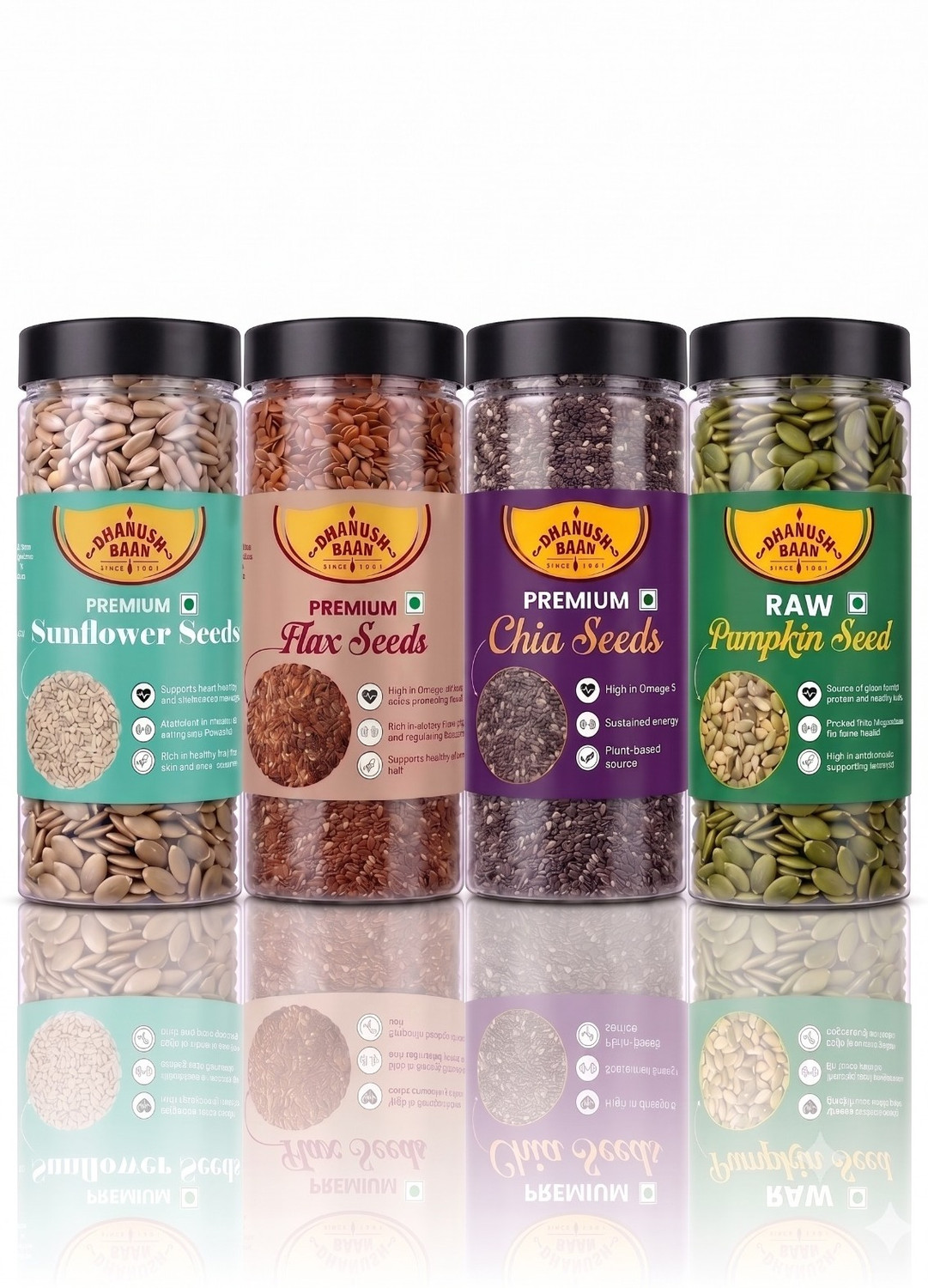 Image of Dhanush Baan 100% Natural Premium Pumpkin Seeds, Sunflower Seeds, Chia Seeds, Brown Flax Seeds