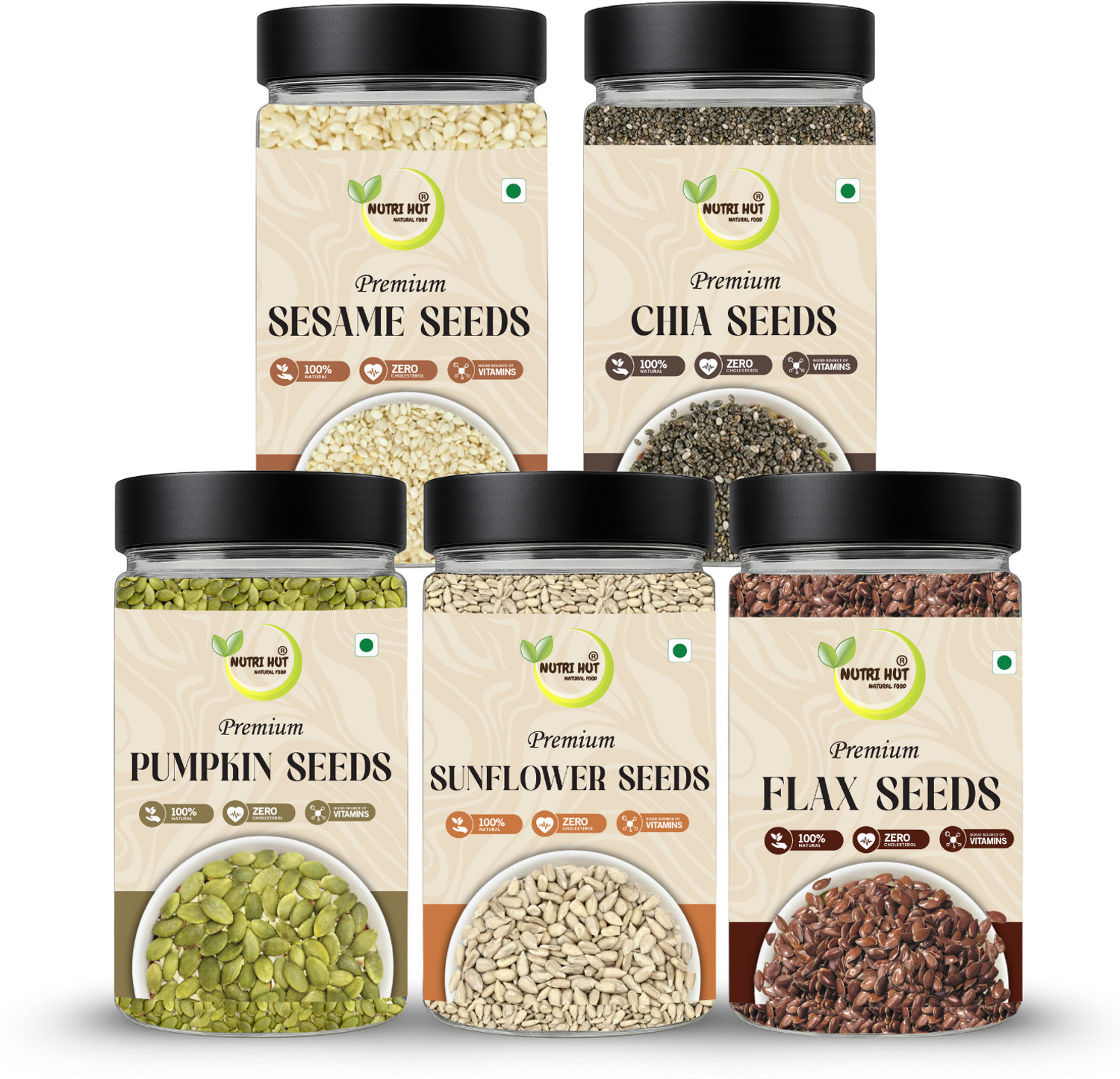 Image of Nutri Hut Premium Seeds Combo Pack | Rich in Protein, Fiber & Omega Chia Seeds, Sunflower Seeds, Pumpkin Seeds, Golden Flax Seeds, Sesame Seeds