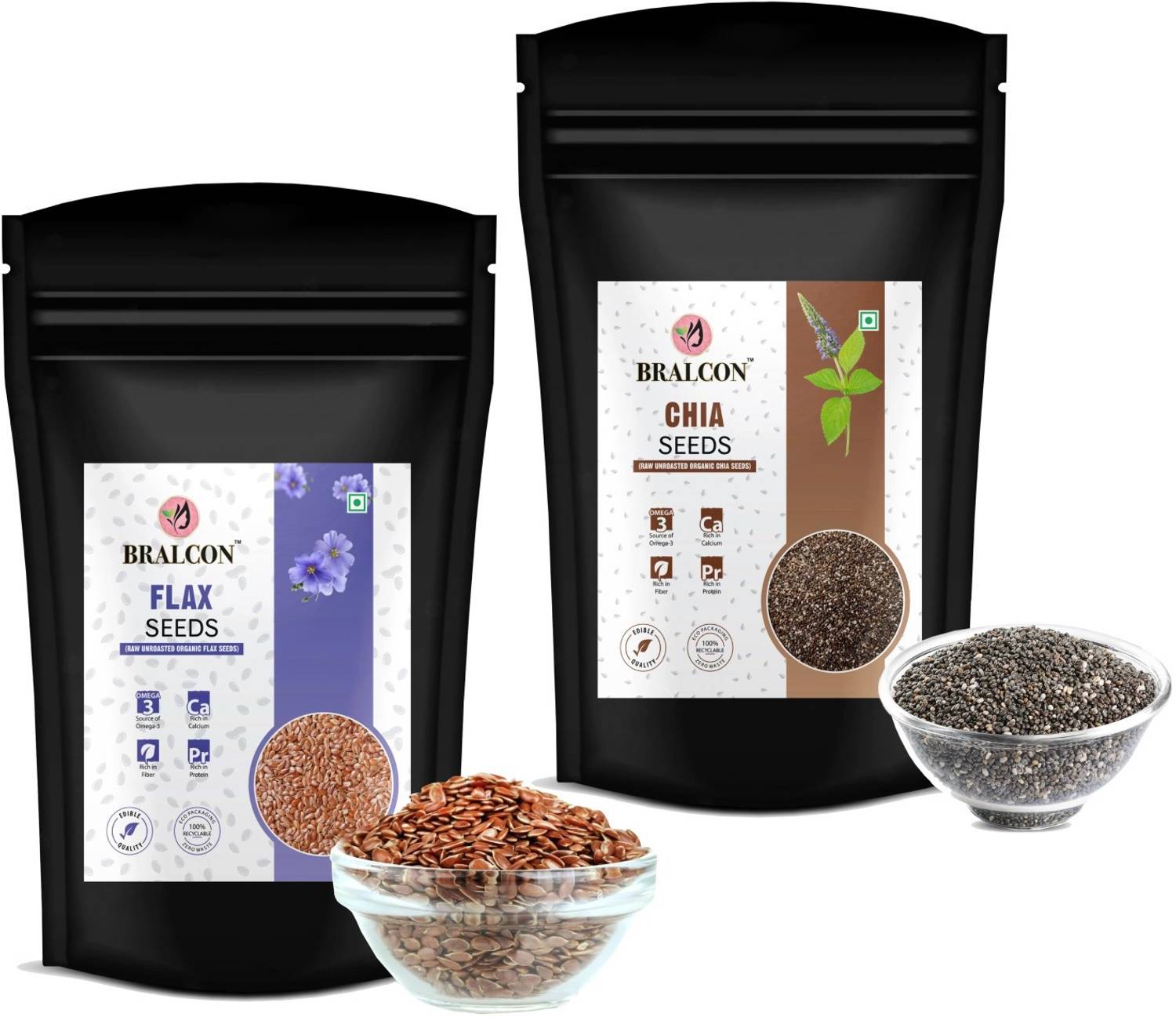 BRALCON Raw Flax Seeds & Chia Seeds Combo 100g Each Pack |Healthy Superfood for Eating | Mixed Seeds